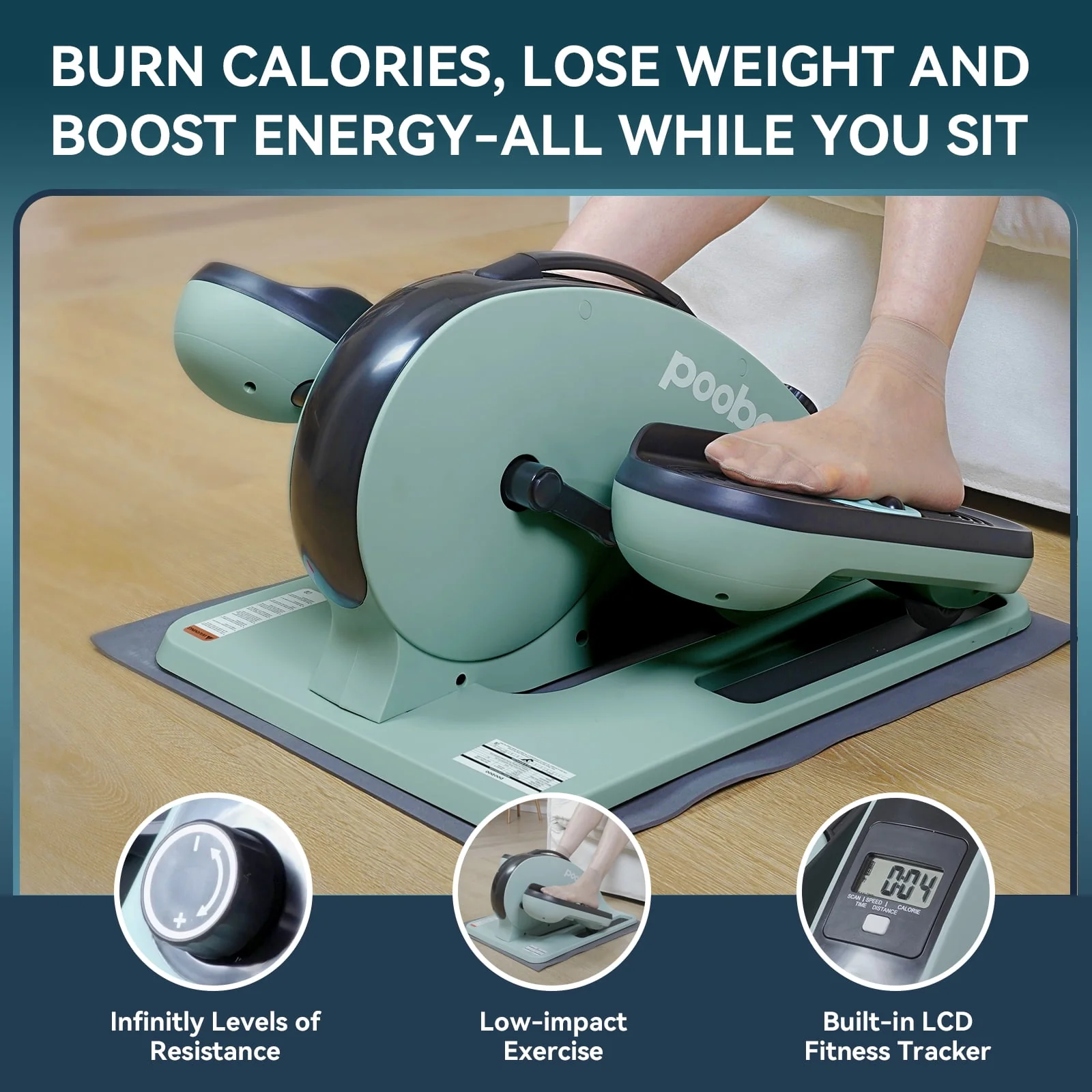 Pooboo Professional Under Desk Magnetic Elliptical Machine with Foot Massage Fully Assembled Quiet Seated Adjustable Resistance Foot Pedal Exerciser