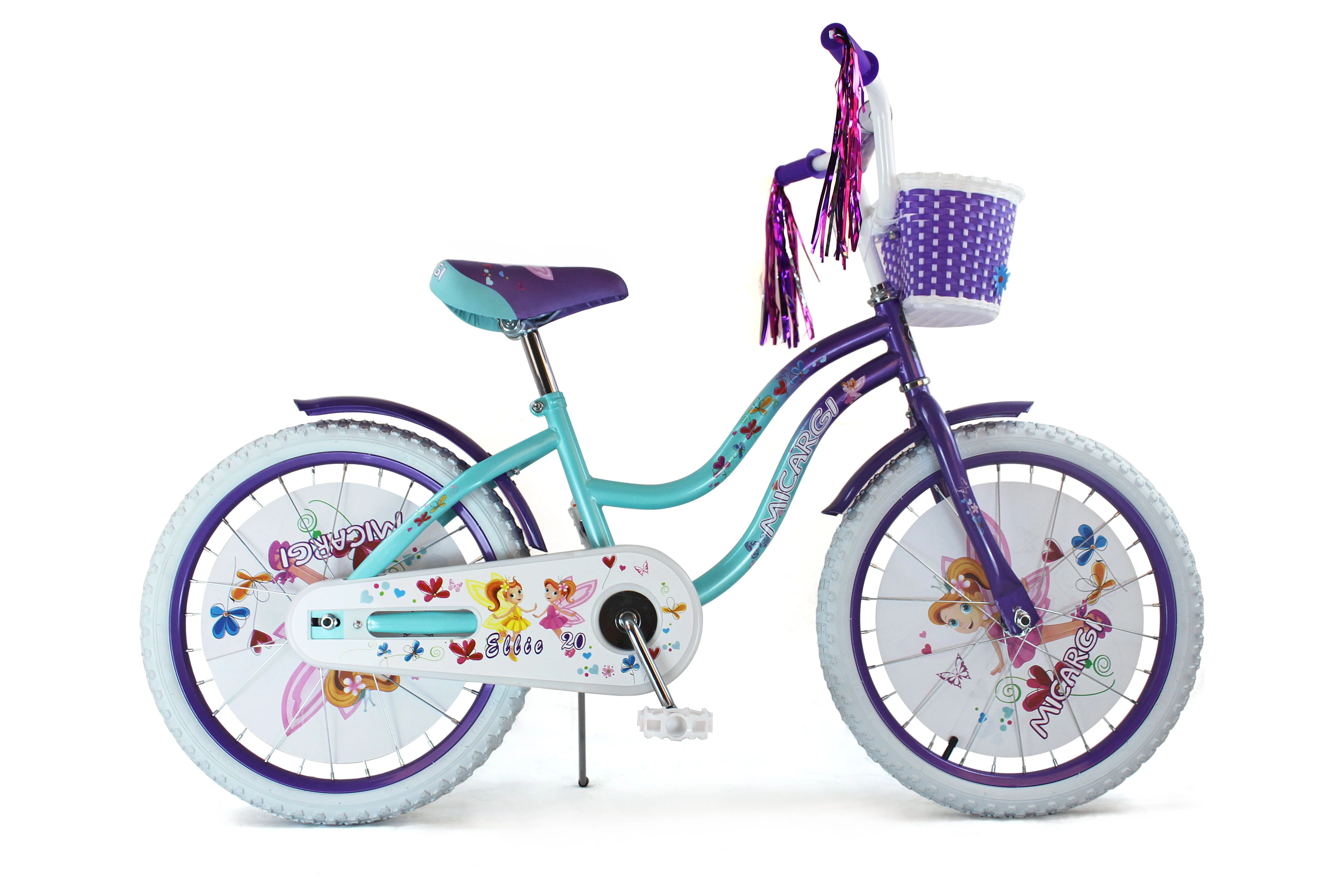 USToyOutlet 20 In. Cruiser Steel Frame Bicycle Coaster Brake One Piece Crank, White Full cover Chain Guard, Purple Baskets, Fenders & Rims, White Tire Kid's Bike - Purple/Baby Blue