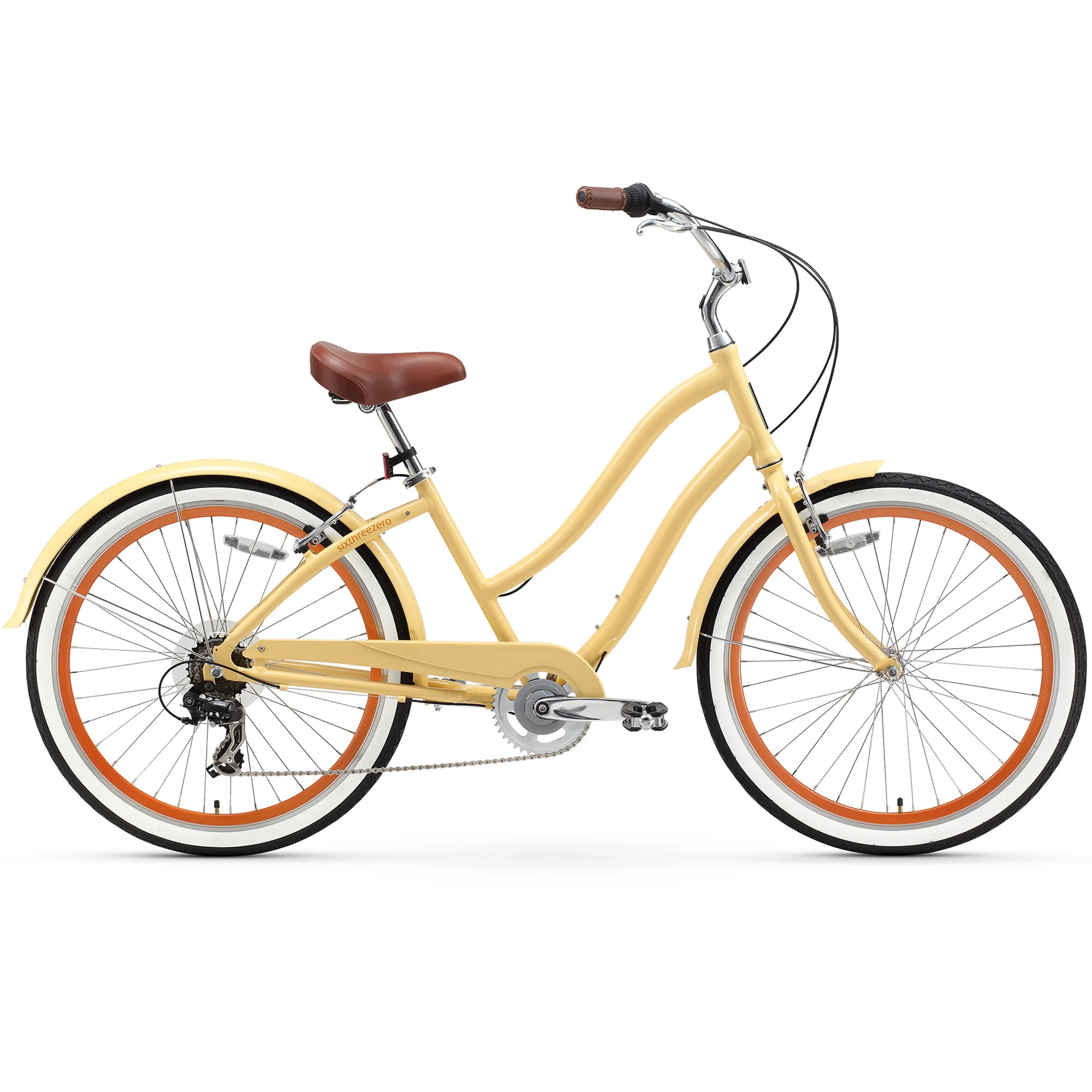 sixthreezero Every journey Women's 7-Speed Step-Through Hybrid Cruiser Bicycle, 26 In. Wheels and 17.5 In. Frame, Cream