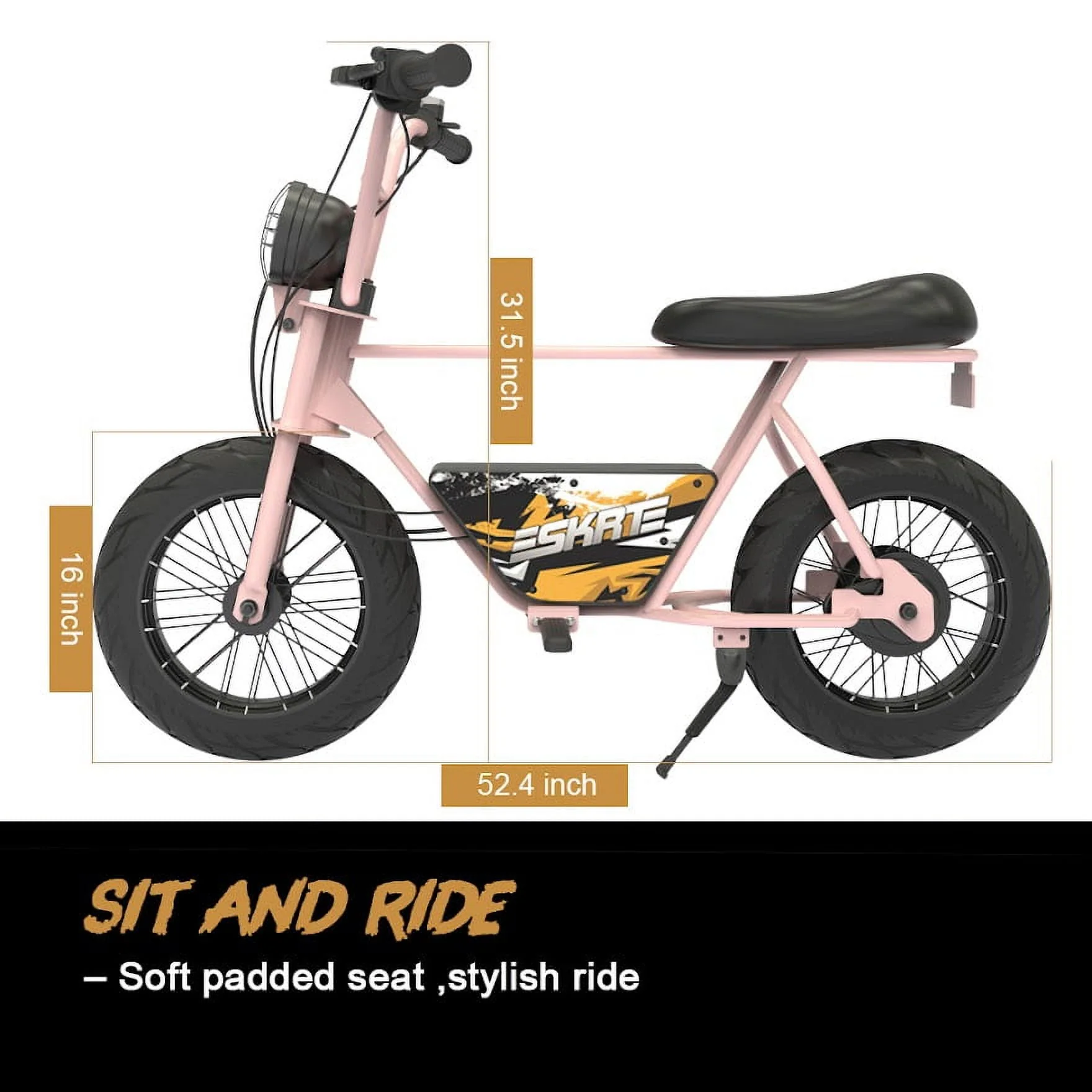 SKRT Electric Balance Bike Bicycle Scooter, 250W 24V Brushless Motor, Big Led, 16 inch Rubber Tire, Max Distance 12 MILES, Max Speed 12.4MILE/H, Max Load 165 lb, Safety Battery Switch