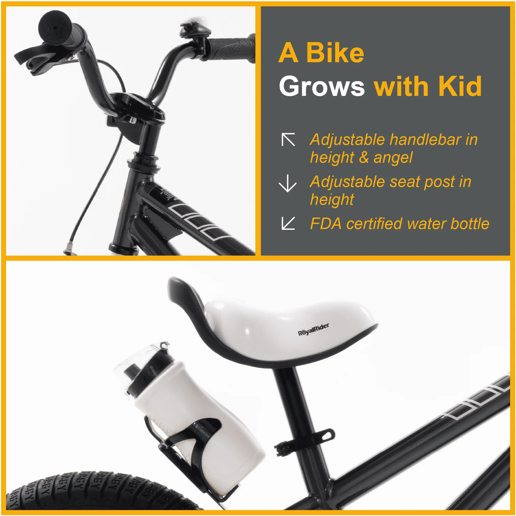 Royalbaby Boys Girls Kids Bike 16 In BMX Freestyle Black 2 Hand Brakes Bicycles with Training Wheels Child Bicycle