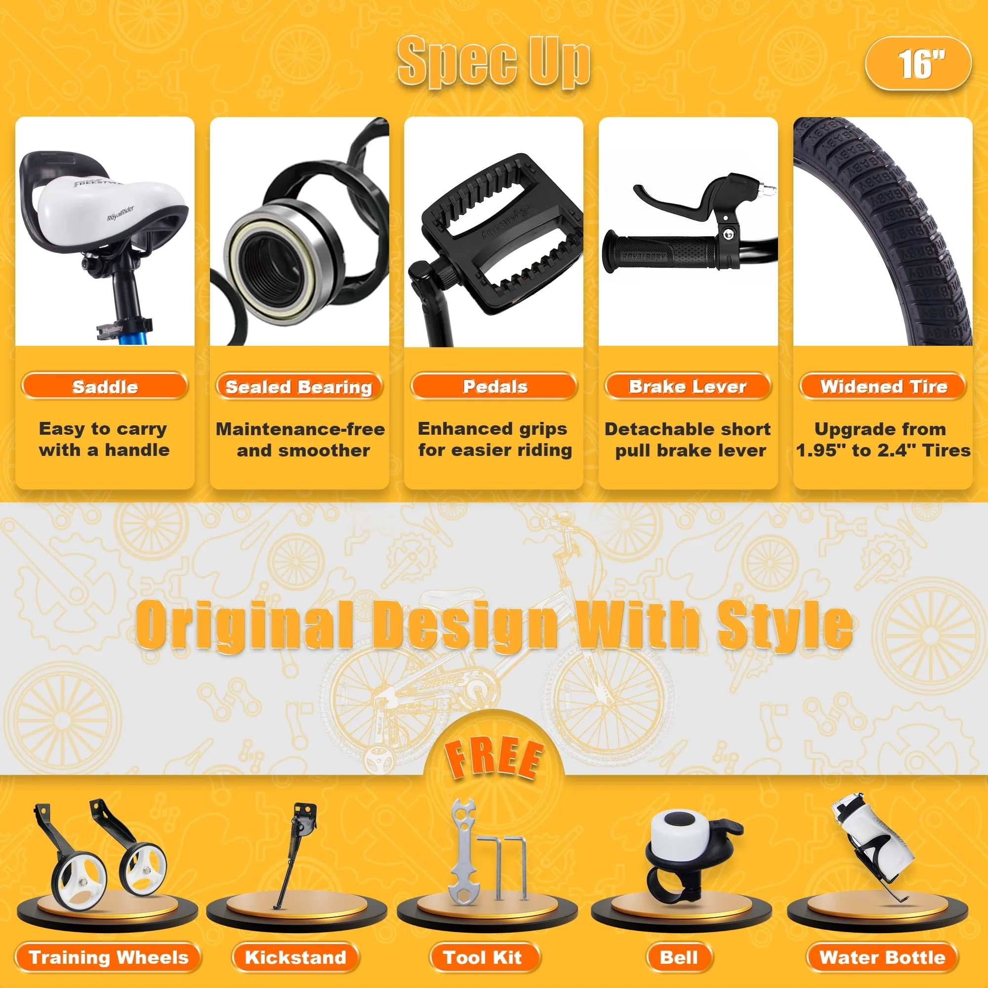 Royalbaby Boys Girls Kids Bike 16 In BMX Freestyle Black 2 Hand Brakes Bicycles with Training Wheels Child Bicycle