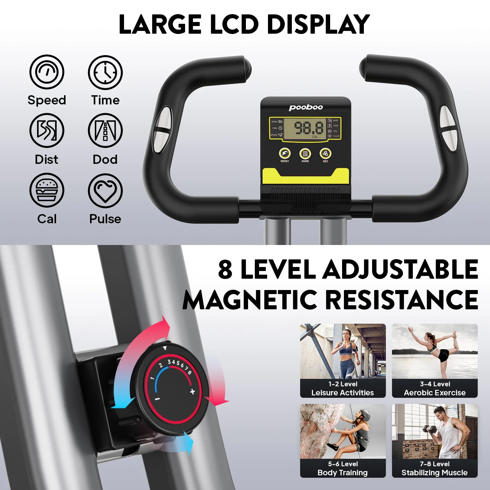 Pooboo Exercise Bike Folding Stationary Cycling Bicycle Indoor Upright Recumbent Exercise Bike with LCD Monitor Maximum Weight 300lb