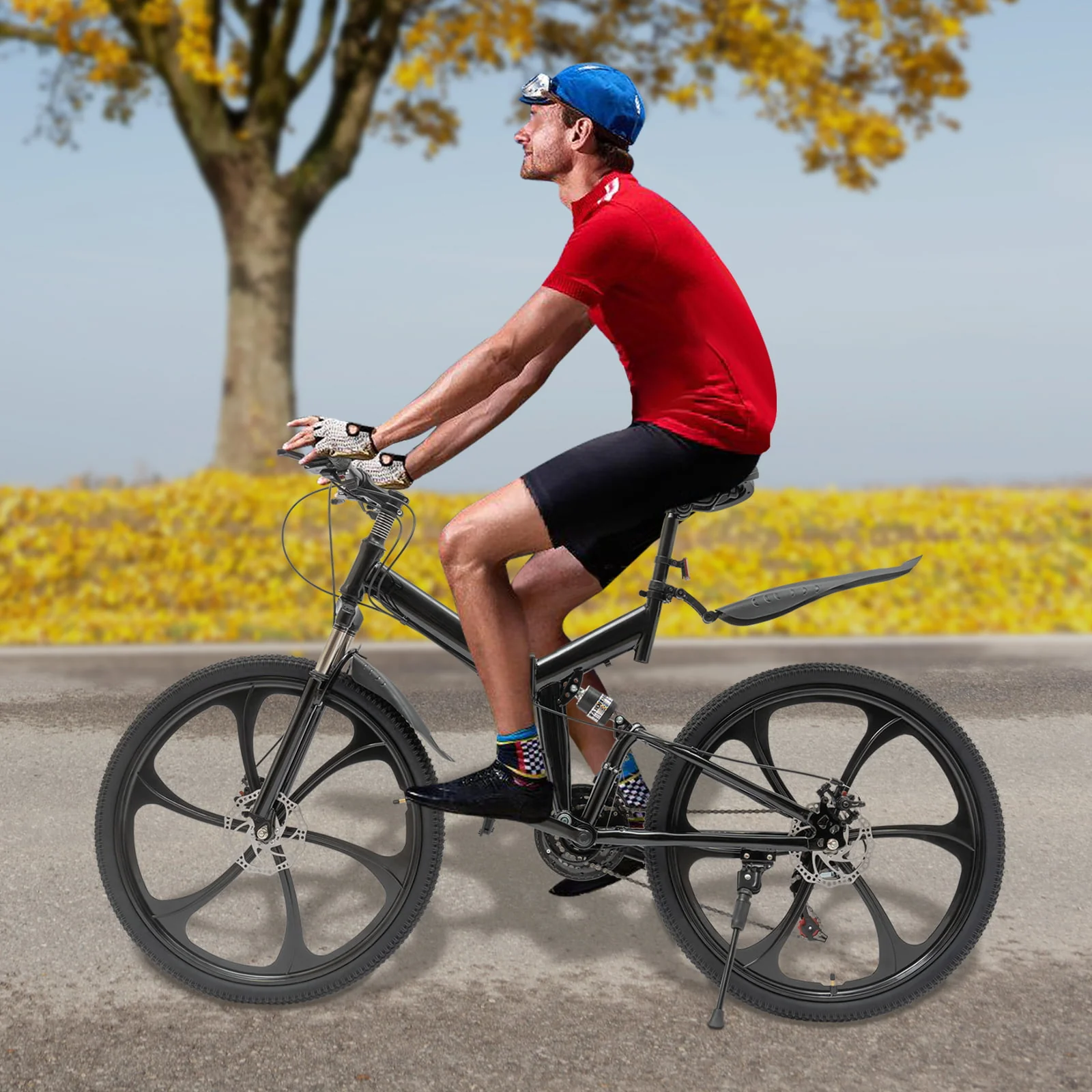 Aiqidi 26 Inch 21 Speed Folding Mountain Bike Full Suspension MTB Dual Disc Brakes Bicycle Foldable City Road Bike Seat Height Adjustable Unisex Adult Bicycle Black