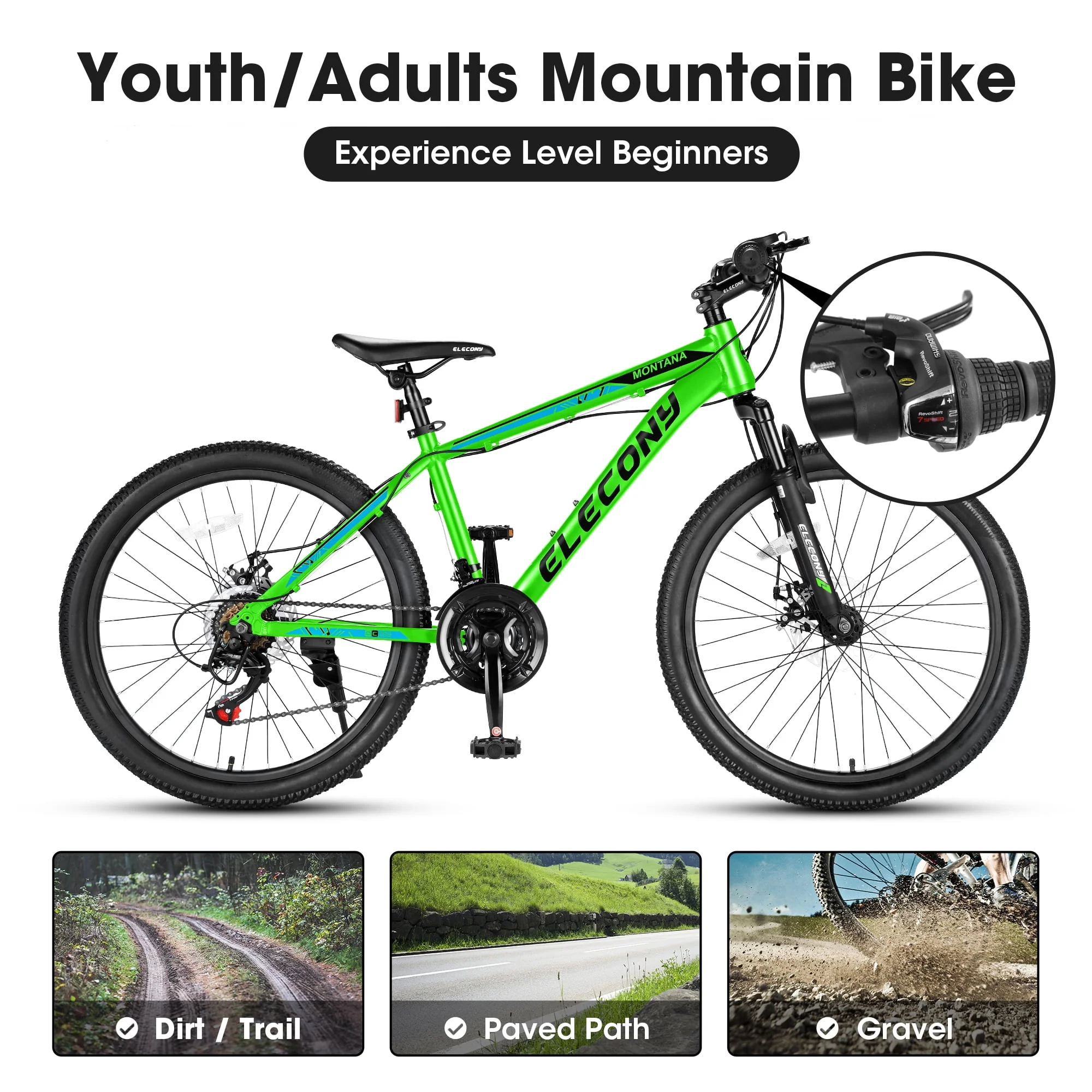 Mountain Bike, iRerts 24 Inch Mens Mountain Bike for Adults Youth, Shimano TZ500 21 Speed Mens Bicycle MTB with Disc Brake, Adult Bicycles for Men Women, Green