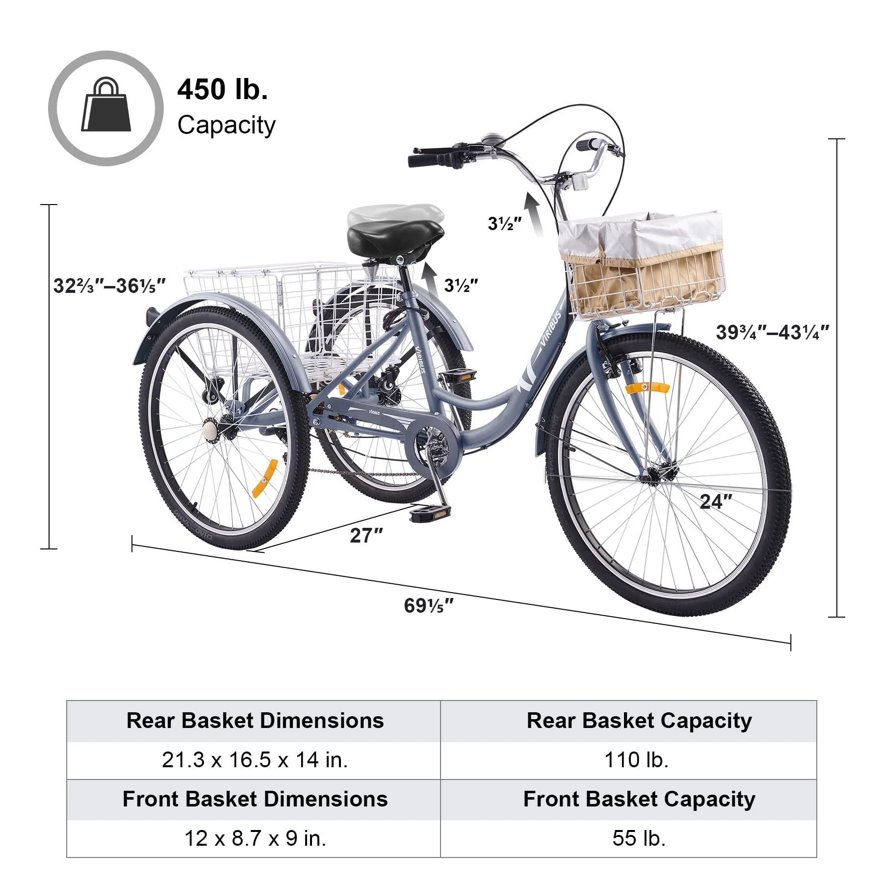 VIRIBUS 24 Inch Adult Trike 7 Speed Bike w Adjustable Seat 2 Baskets Matte Gray