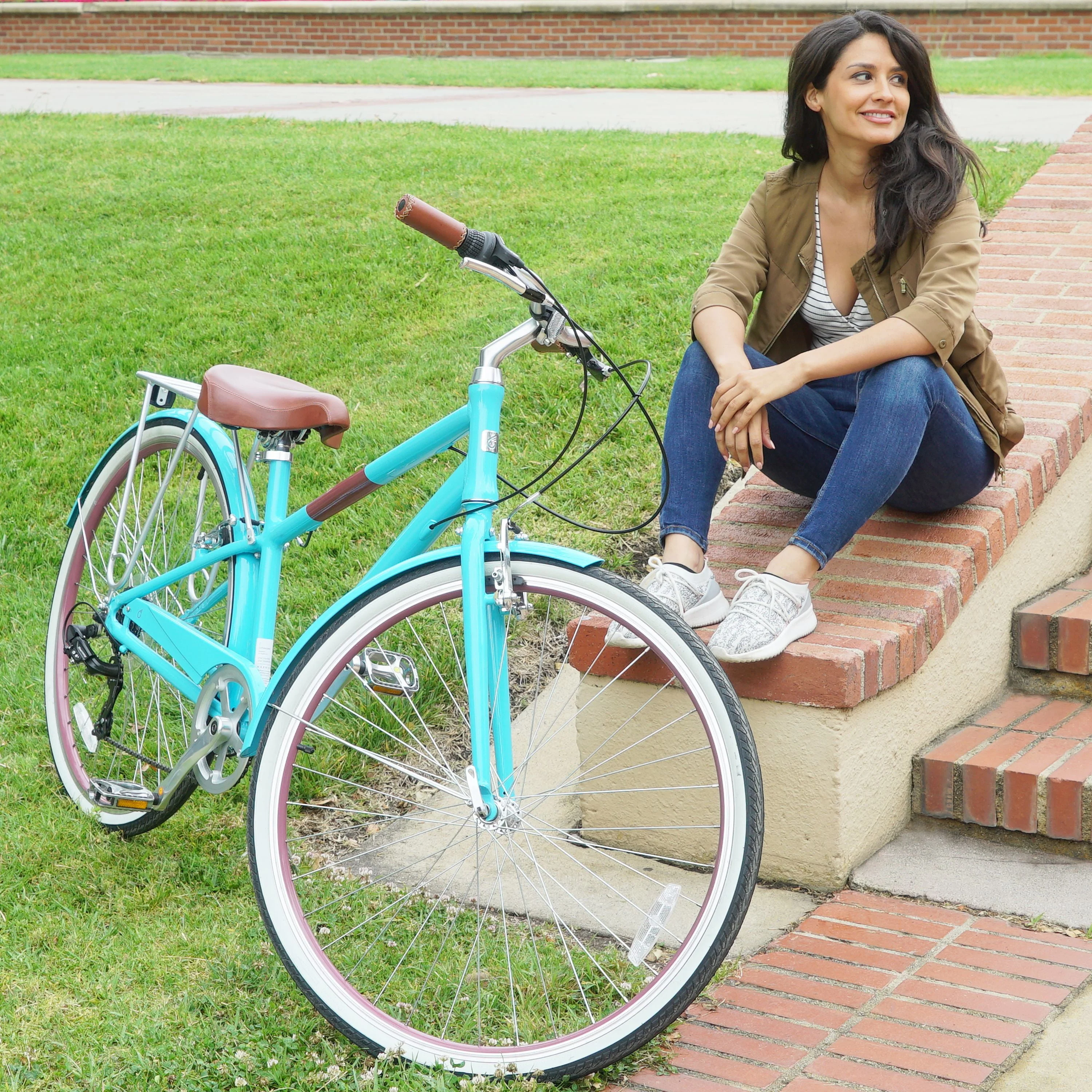 sixthreezero Reach Your Destination Women's 7-Speed Hybrid Bike with Rear Rack, 28 In. Wheels, Teal Blue