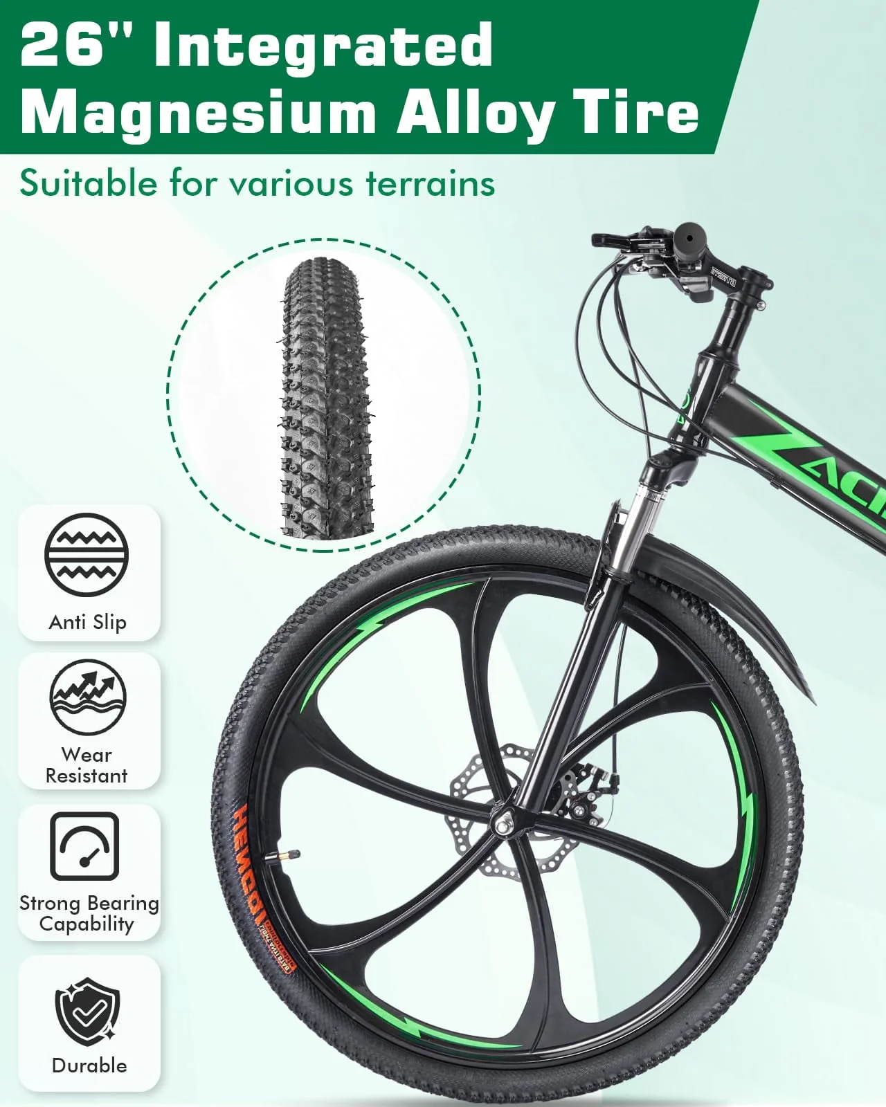 Zacro 26 inch Folding Mountain Bike, Upgraded 24 Speed/Magnesium Alloy Wheels MTB Bicycle with Shock Absorbers High-Carbon Steel & Dual Disc Brake, Trail Canyon Bikes for Adults, Green