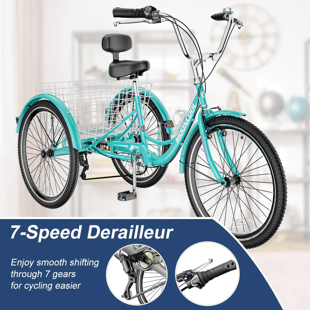 Adult Tricycles, 7 Speed Adult Trikes 24/26 inch 3 Wheel Bikes, Cruise Bike with Basket for Seniors, Women, Men for Recreation, Shopping, Exercise, Multiple Colors