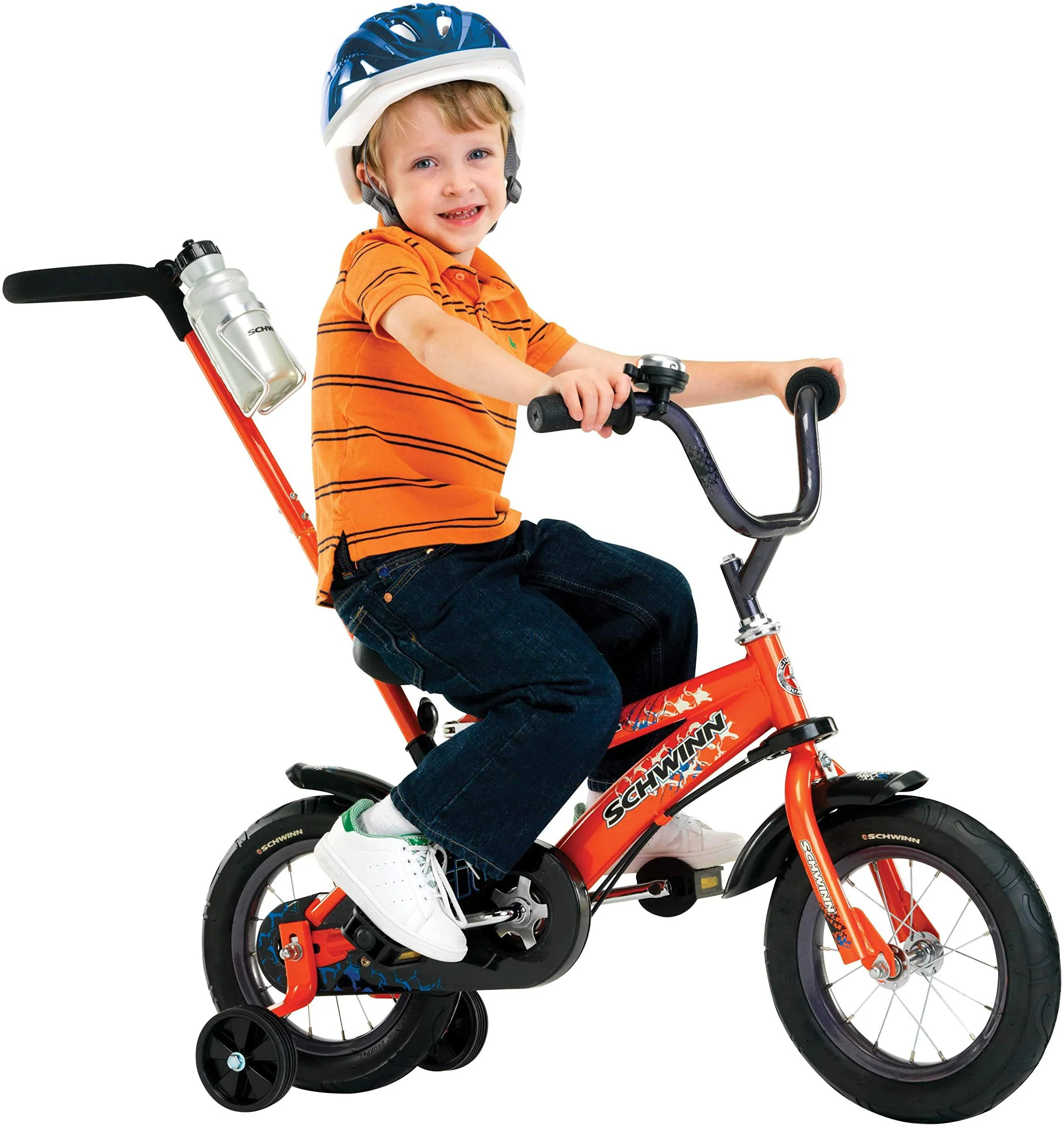 Schwinn Grit and Petunia Steerable Kids Bike, Boys and Girls Beginner Bicycle, 12-Inch Wheels, Training Wheels, Easily Removed Parent Push Handle with Water Bottle Holder, Perfect for Toddlers Orange 12-Inch Wheels Grit Bicycle