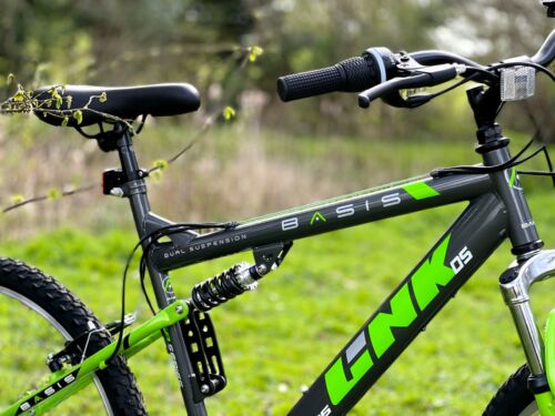 Basis Link Full Suspension Mountain Bike 26" Wheel MTB 18 Speed Shimano Grey/Grn