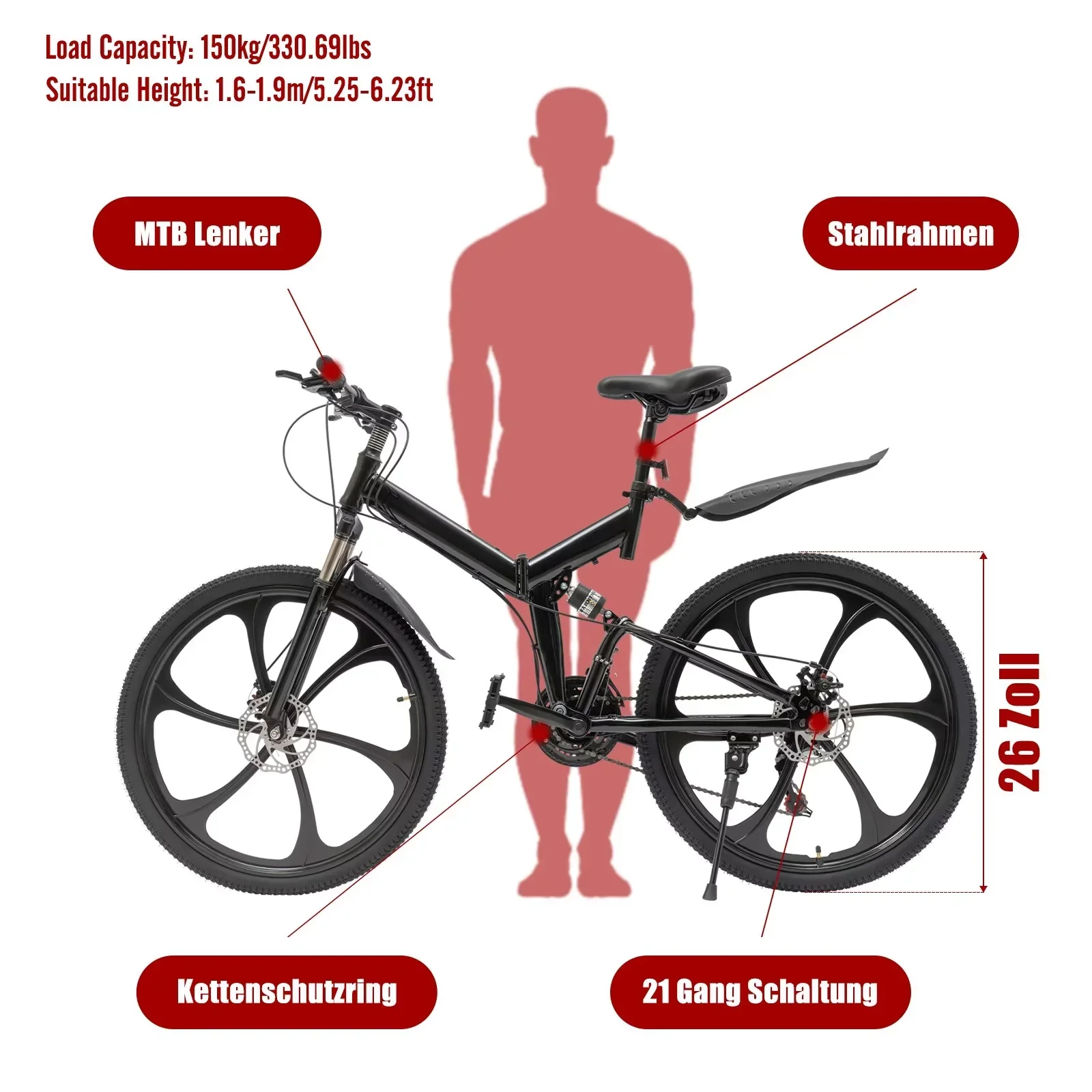 TFCFL 26in Folding Mountain Bike 21-Speed Bicycle Women Men Full Suspension MTB Bike