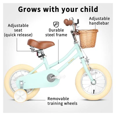 Petimini 14 Inch Steel Frame Child Bicycle with Wicket Basket, Handlebar Bell, Training Wheels, Adjustable Seat, and Parent Handle, Ages 3 to 5, Mint