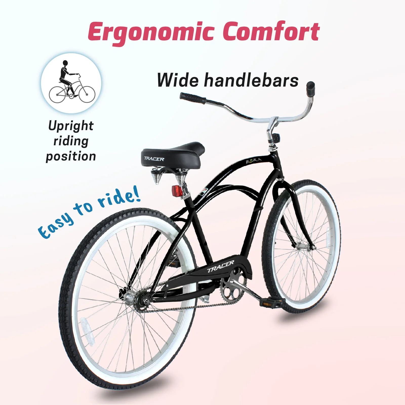 Tracer BORA Beach Cruiser Bike for Adult, 26 Inch Wheels, Featuring Steel Step Over or Step Through Hi Ten Steel Frame, 1 Speed with Coaster Brake, Hybrid Bike, Black Color