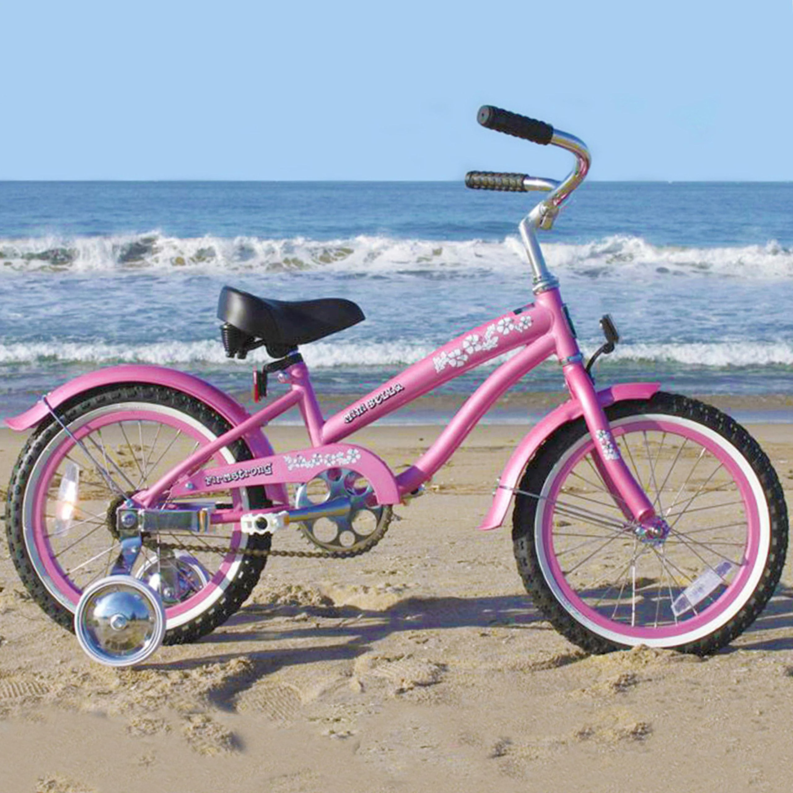 firmstrong bella girl&s;s beach cruiser bike, kids single speed bicycle with training wheels, 16 inch wheels, pink
