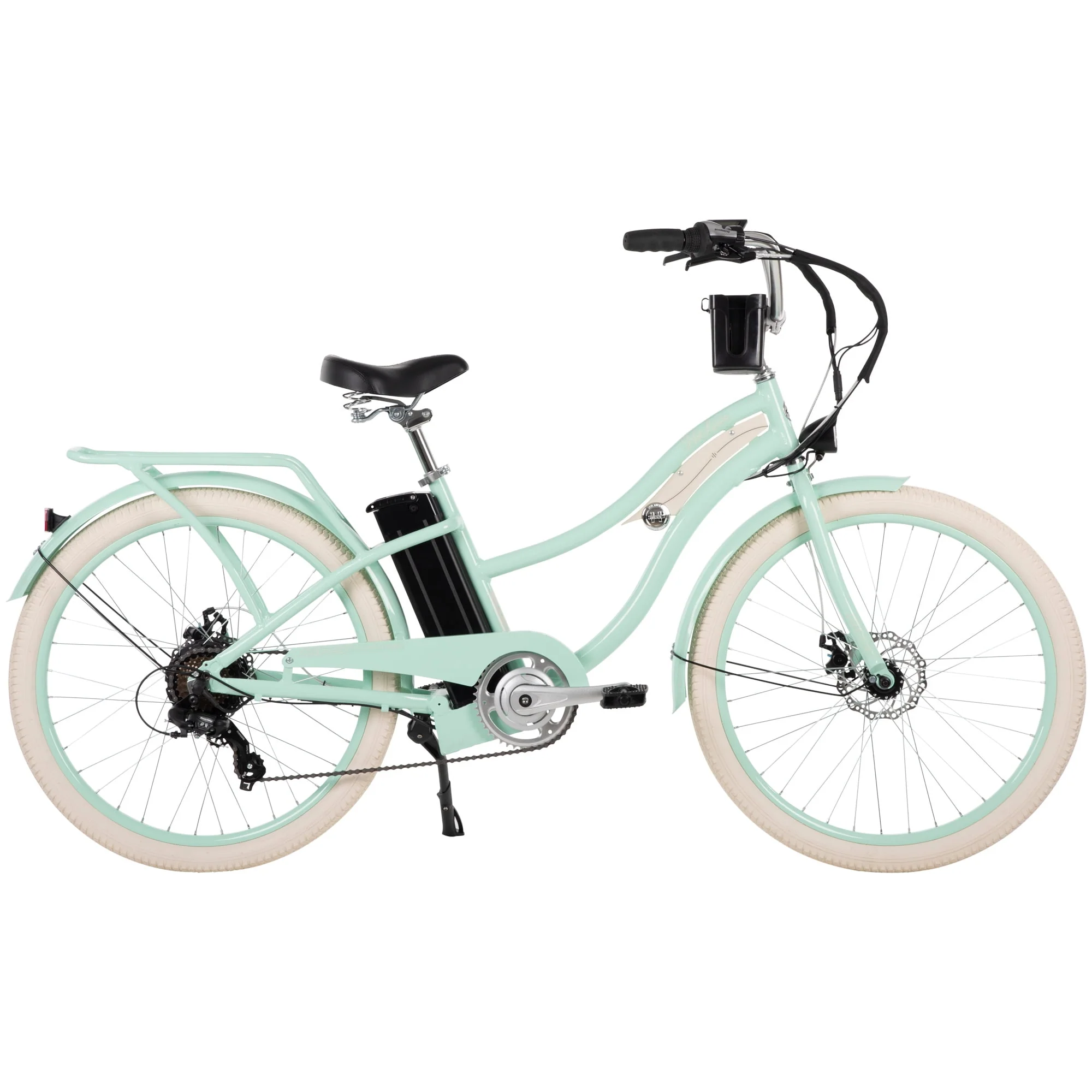 Nel Lusso 26-inch 7-Speed Electric Cruiser Bike with Throttle, Mint Green,  36V, 350W, UL 2849 compliant, by Huffy