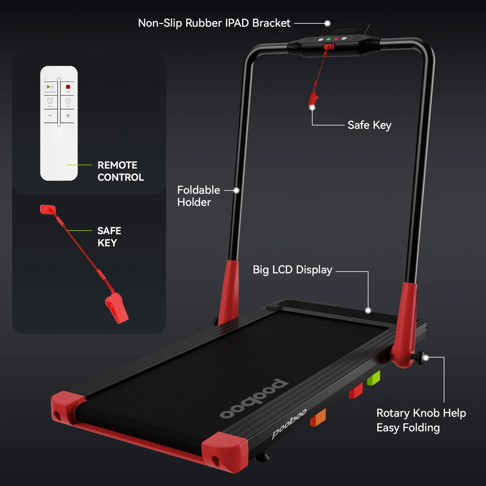 Pooboo 2 in 1 Folding Under Desk Treadmill Red Brush-less Walking Jogging Machine with App & Remote Control Led Touch Screen Walking Pad for Office Home Use 265lbs