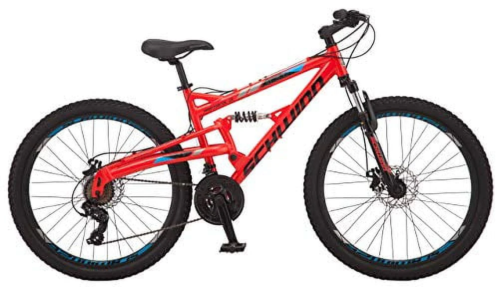Schwinn Protocol 1.0 Men’s and Women’s Mountain Bike, 26 In. Wheels, 24-Speed Drivetrain, Lightweight Aluminum Frame, Full Suspension, Red/Blue