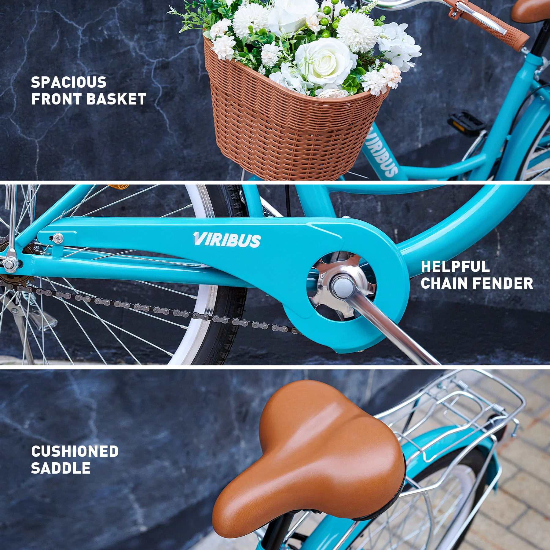 Viribus 24 Inch City Cruiser Bicycle with Carbon Steel Frame Dual V Brakes Basket Teal (Defective)