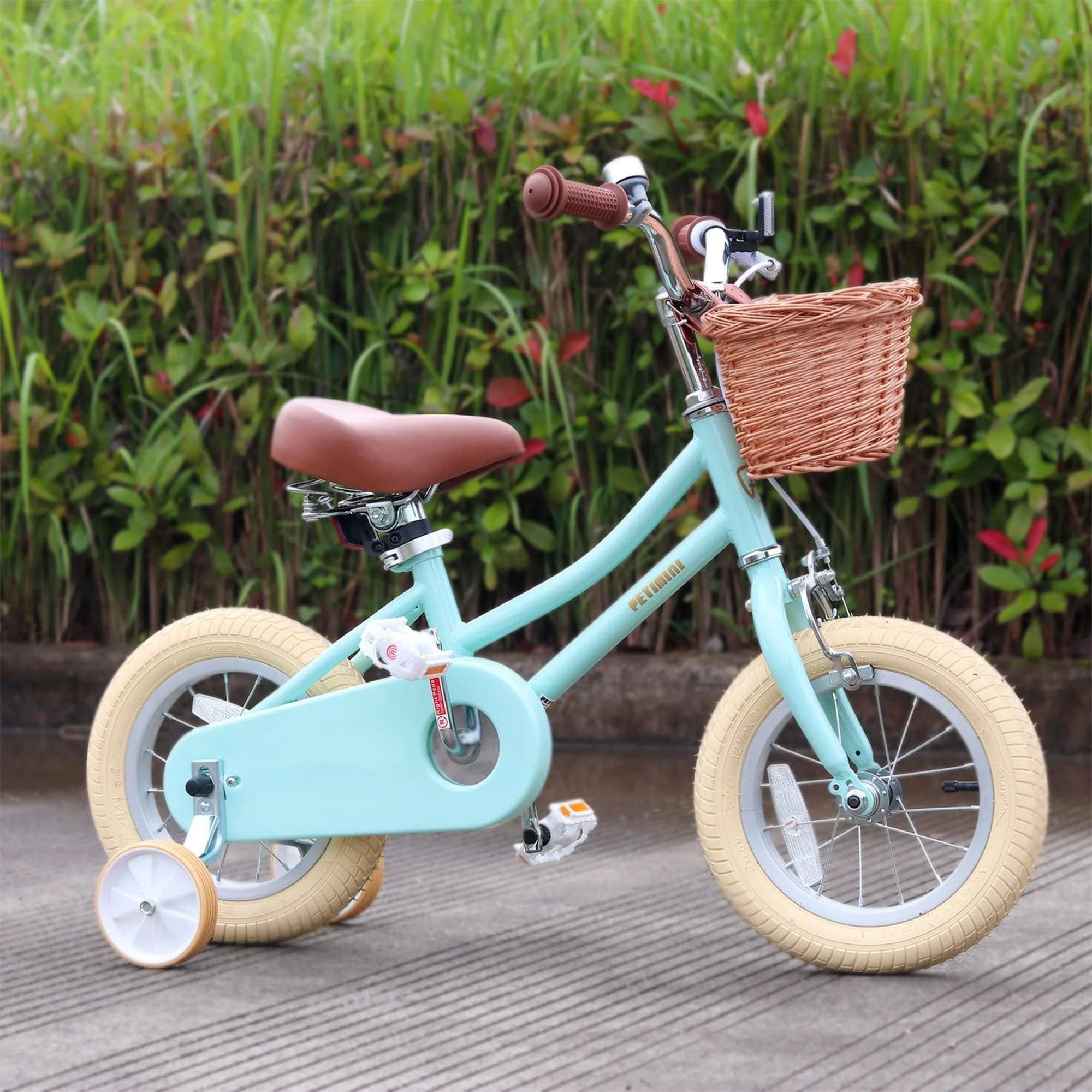 Petimini 14 Inch Child Bicycle with Basket, Bell, and Training Wheels, Mint