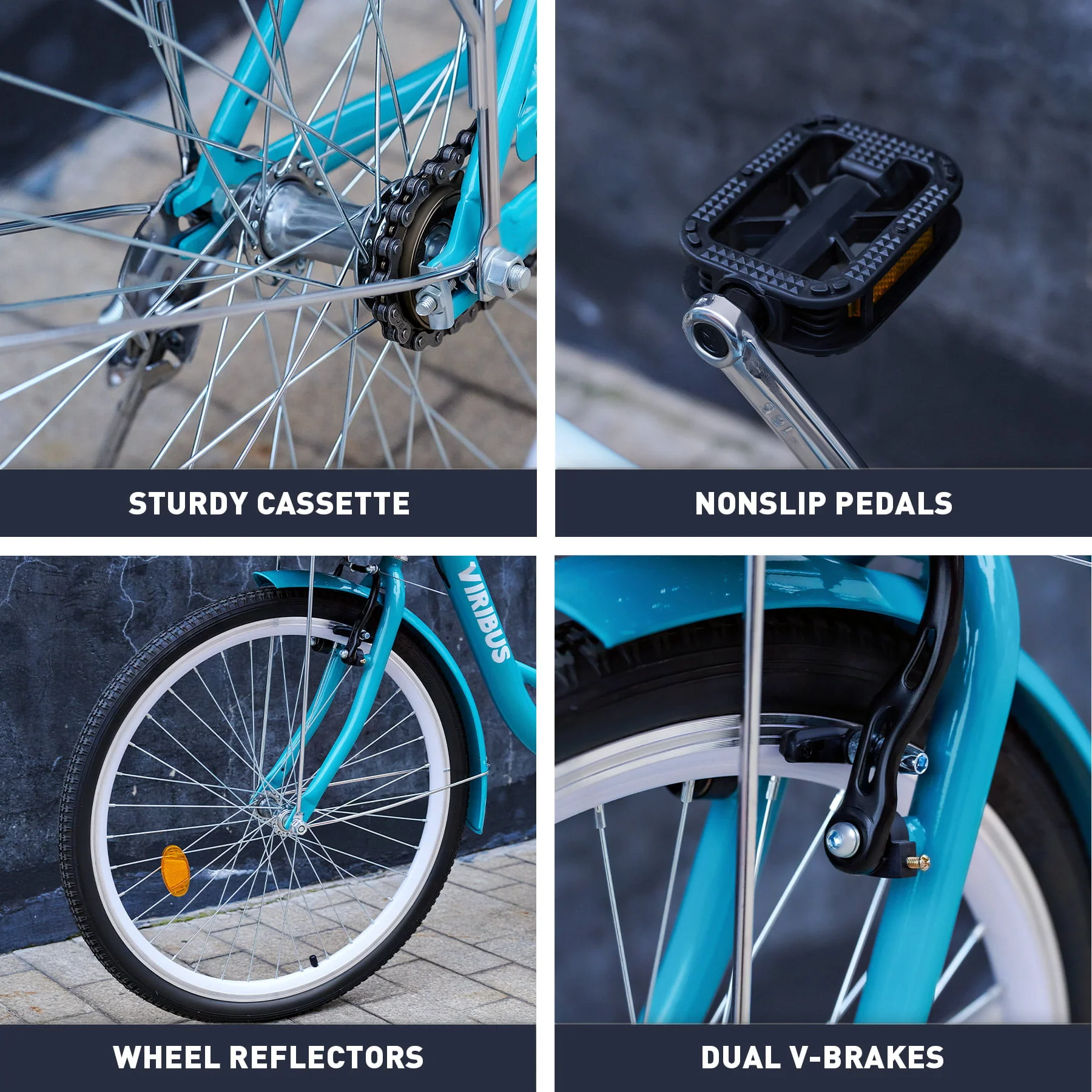 Viribus 24 Inch City Cruiser Bicycle with Carbon Steel Frame Dual V Brakes Basket Teal (Defective)