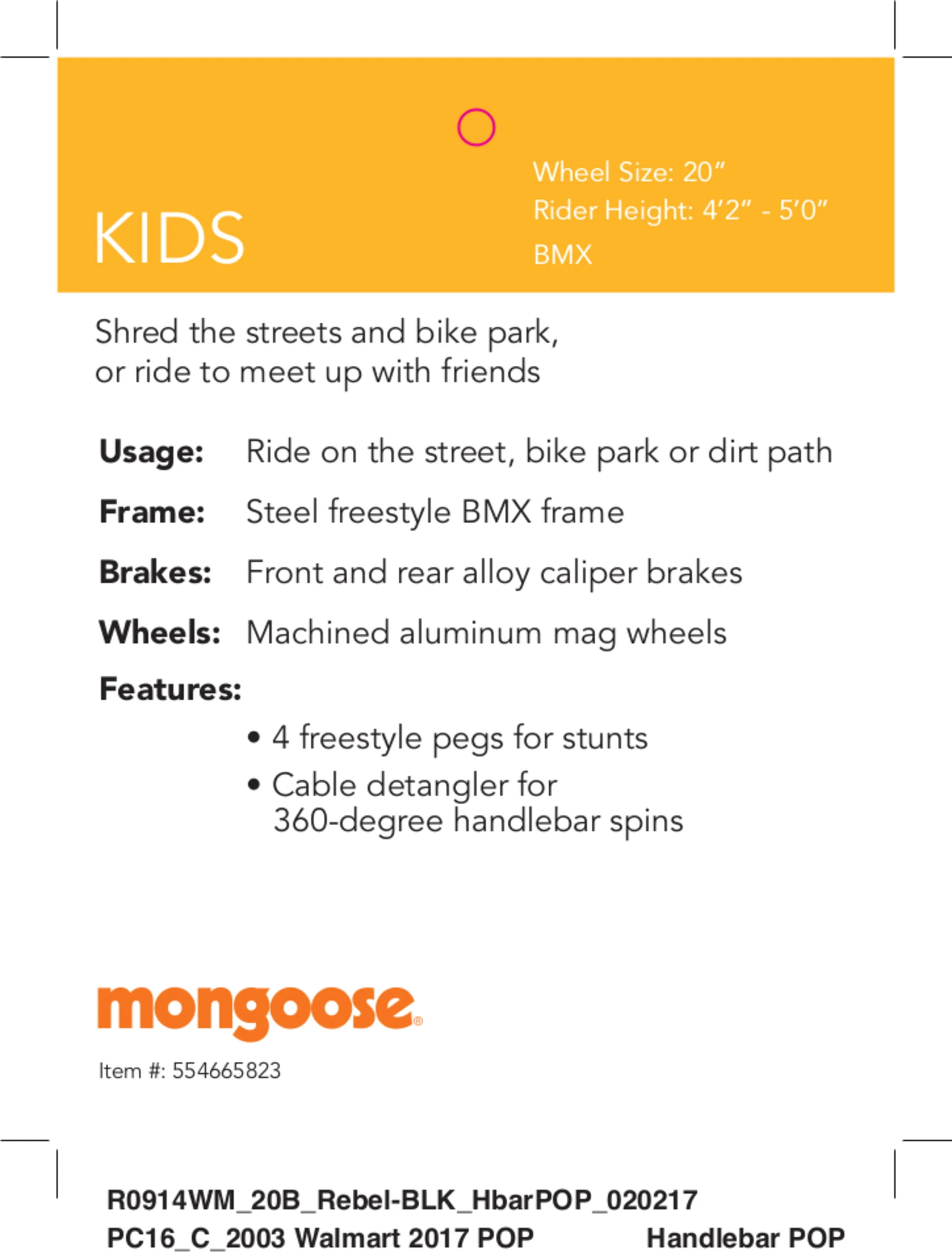 Mongoose Rebel Freestyle Kids BMX Bike, 20-inch mag wheels, ages 6 and up, Black, boys, girls