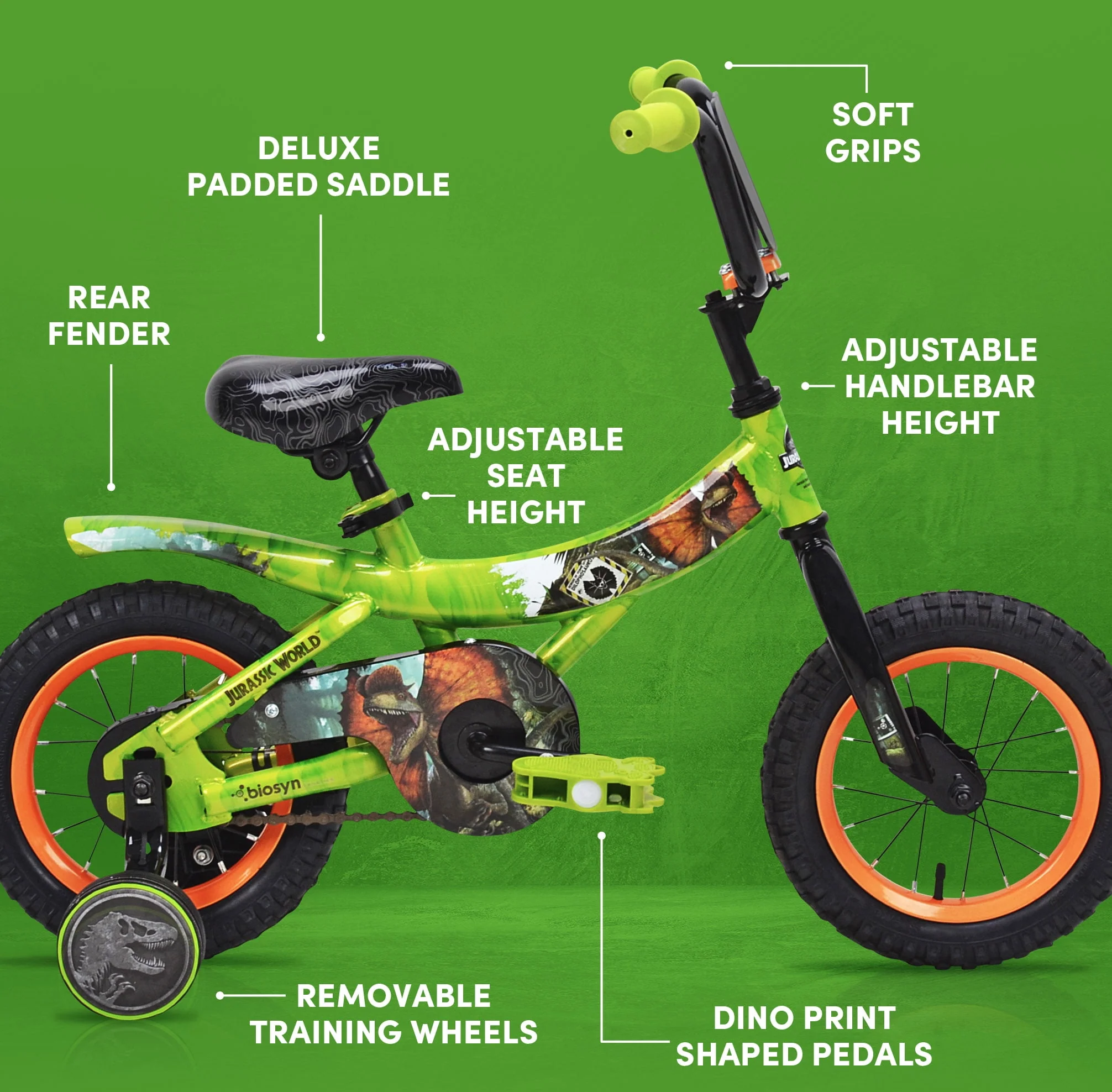 World? 12-inch Raptor Boy's Bicycle with Training Wheel, Green and Orange