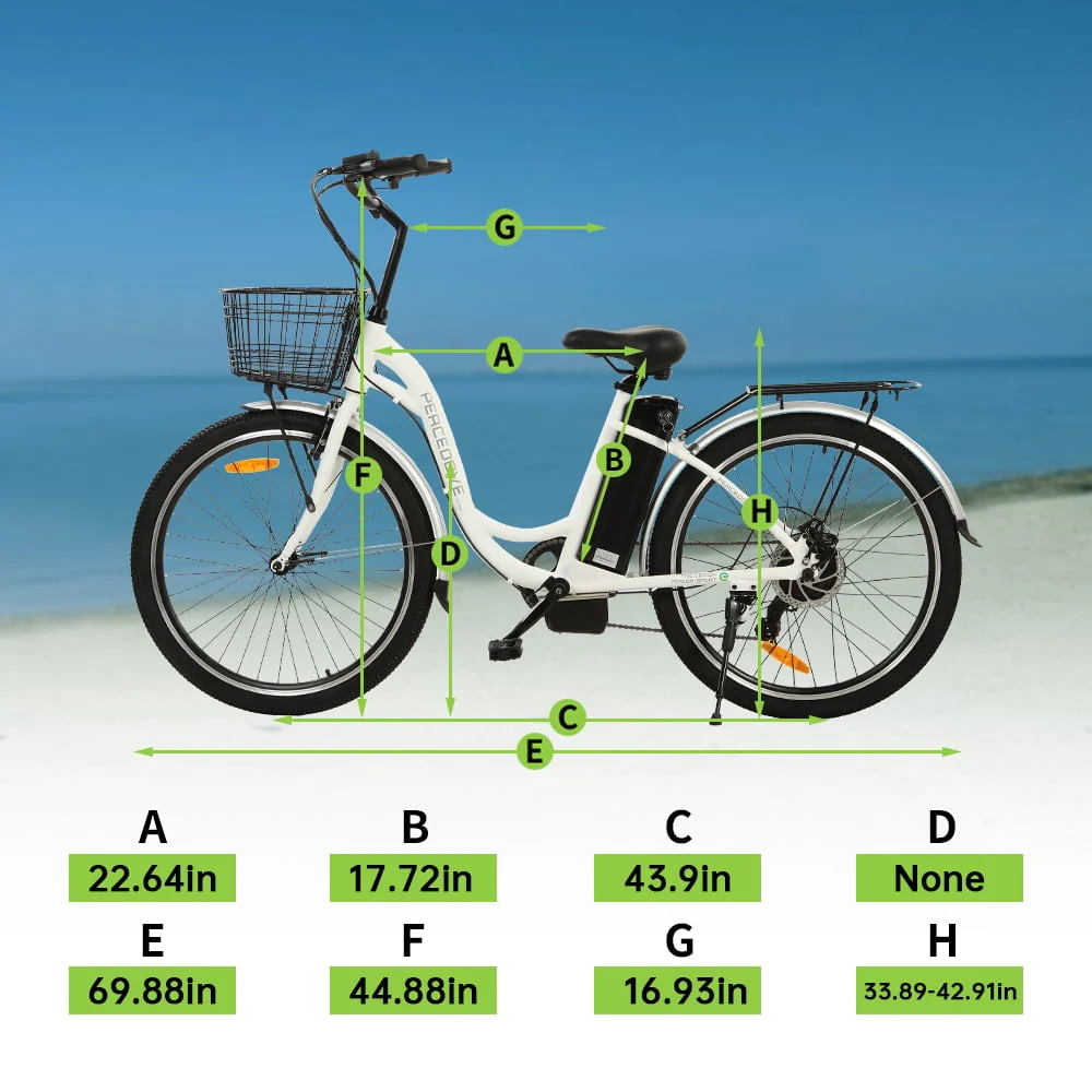 26 Inch 36V 10AH 350W City Bike Electric Bicycle e-bike White with Basket 7 Speed Step Through Commuter for Women Girls