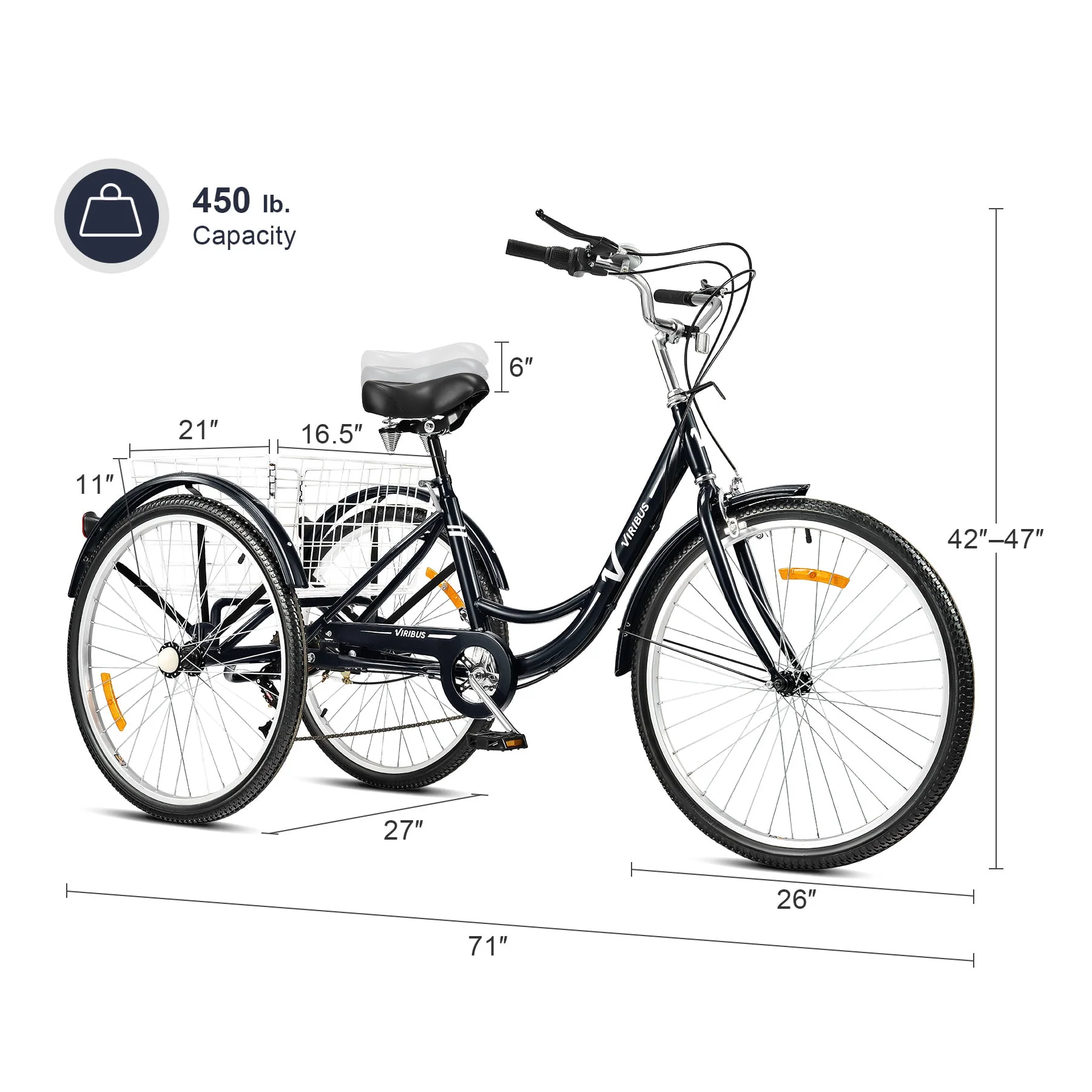 VIRIBUS 26 Inch Adult Tricycle 3 Wheel Bike with 7 Speeds & Basket for Men Women, Black