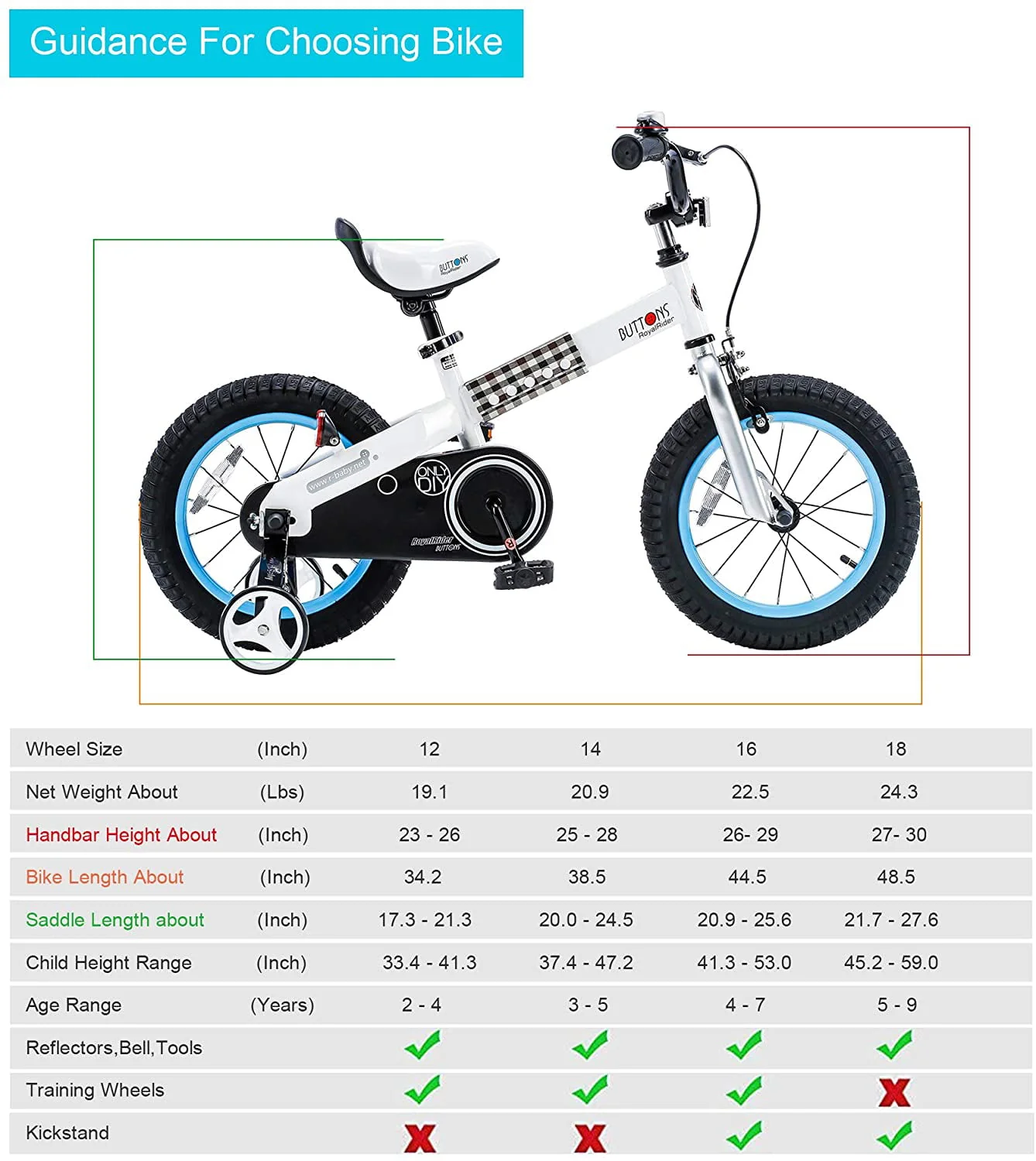 Royalbaby Buttons 18 In. Kid's Bicycle White with Blue Rims and Kickstand