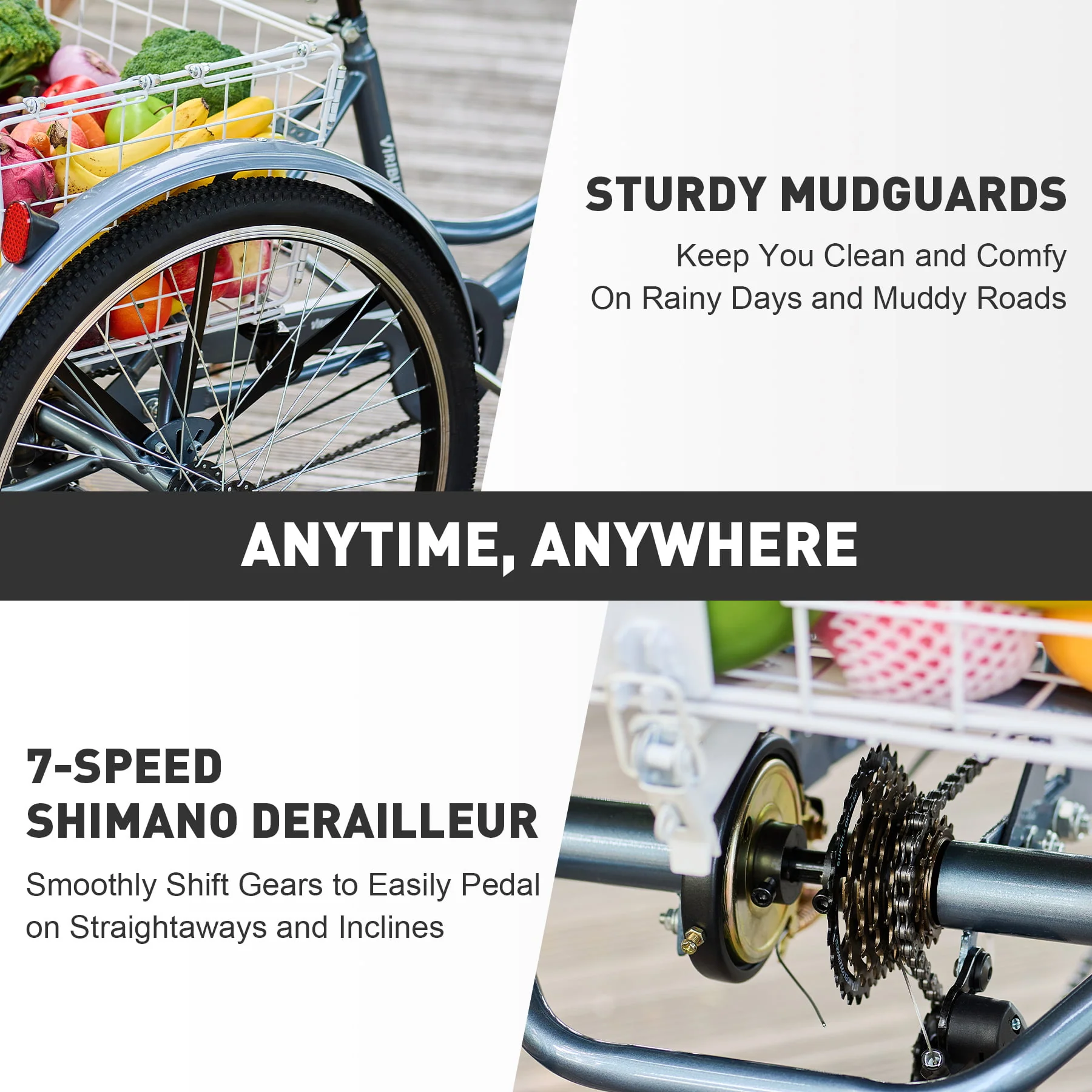 VIRIBUS 24 Inch Adult Exercise Trike 7 Speed with Front Rear Basket Matte Gray