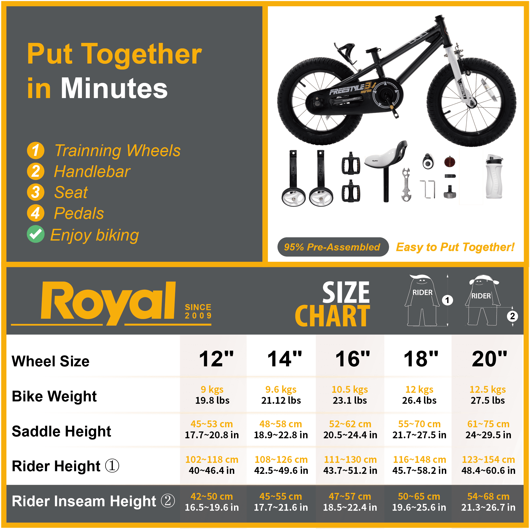 Royalbaby Boys Girls Kids Bike 14 In BMX Freestyle Black 2 Hand Brakes Bicycles with Training Wheels Child Bicycle