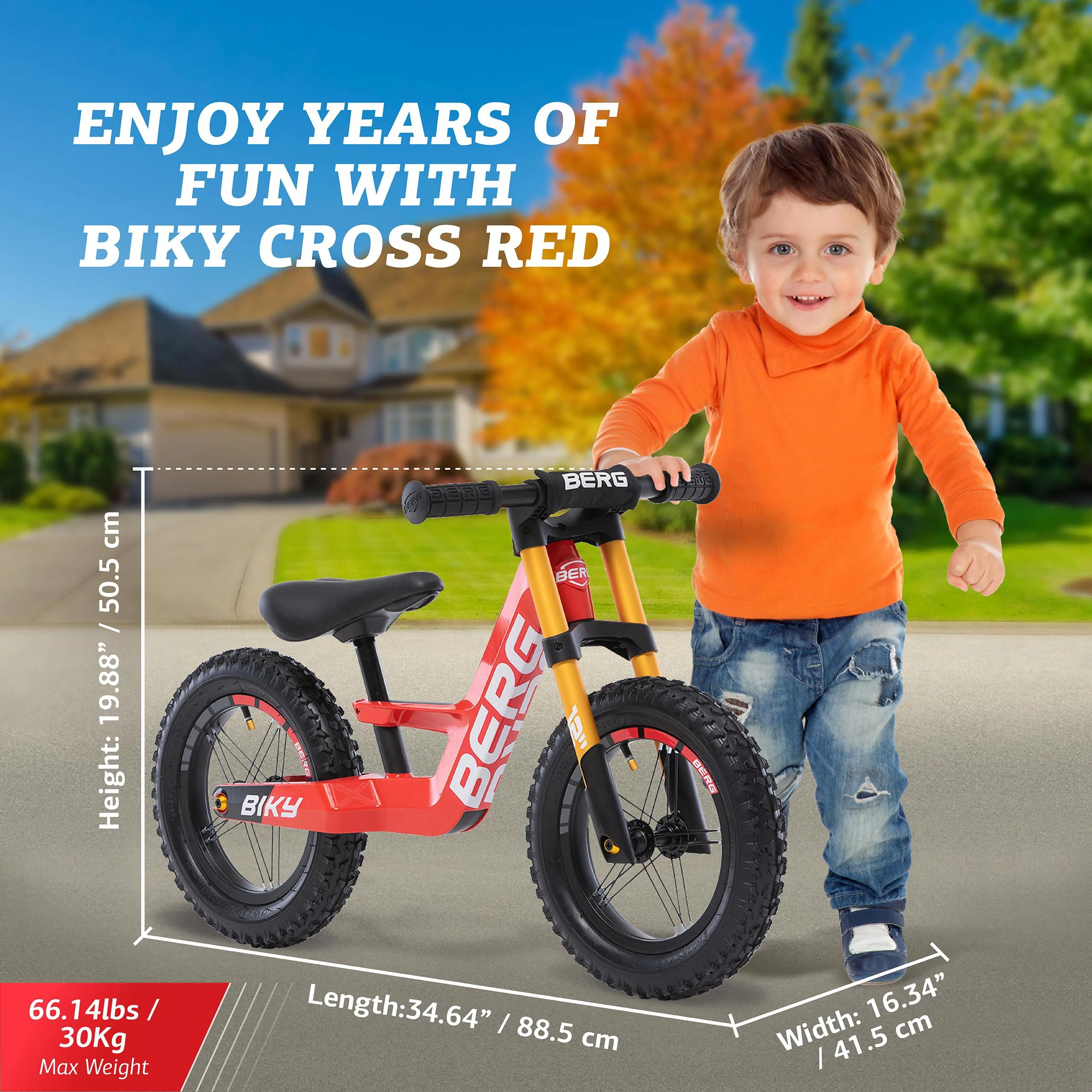 berg biky cross red balance bike - lightweight toddler bike - easy to use mini bike - ages 2-5
