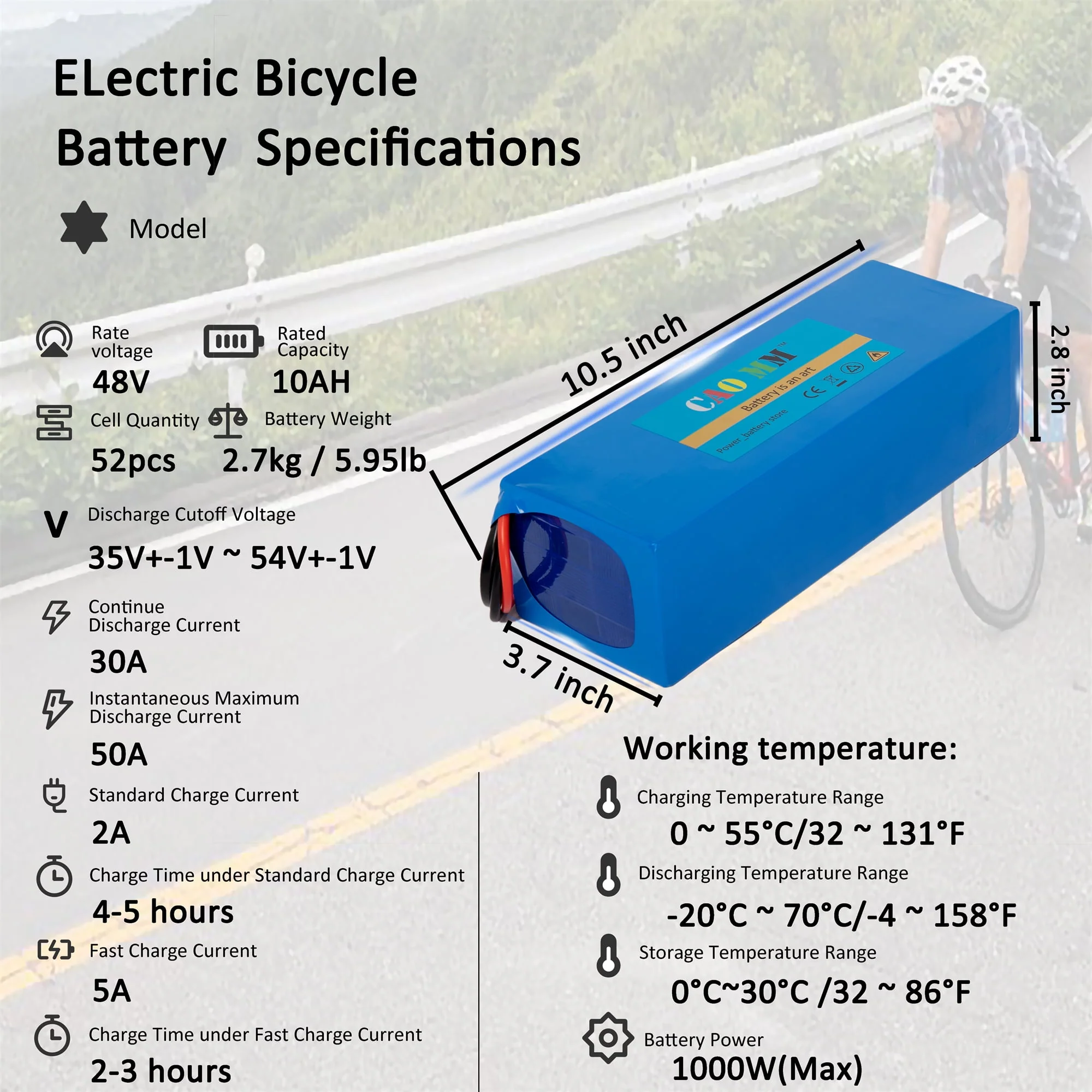 48V 8Ah Lithium Battery 30A BMS 48V Battery with Charger for 750W Electirc Tricycle Motor