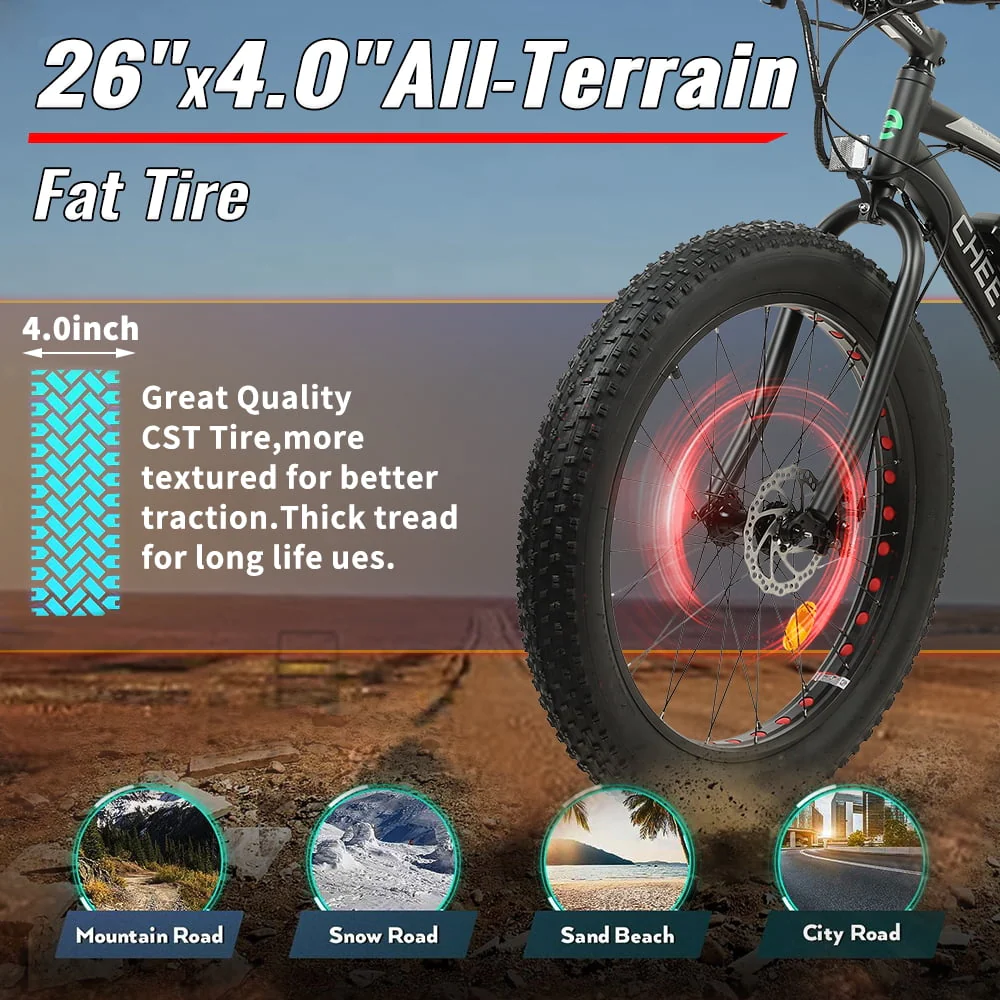 Ecotric 26 In. Electric Bicycle Fat Tire Wheel Snow Beach Mountain E-Riding Adult 36V 500 W Moped E bike