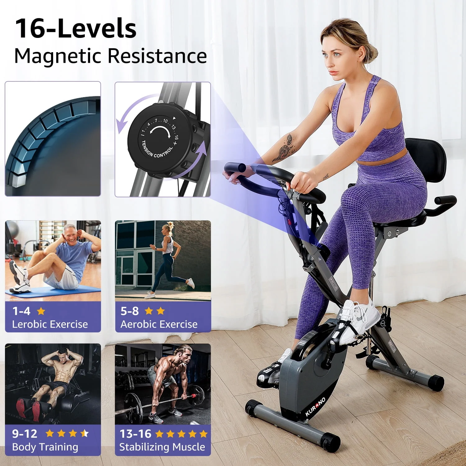 KURONO Stationary Exercise Bike for Home,Indoor Foldable Fitness Bike,16-Level Magnetic Resistance