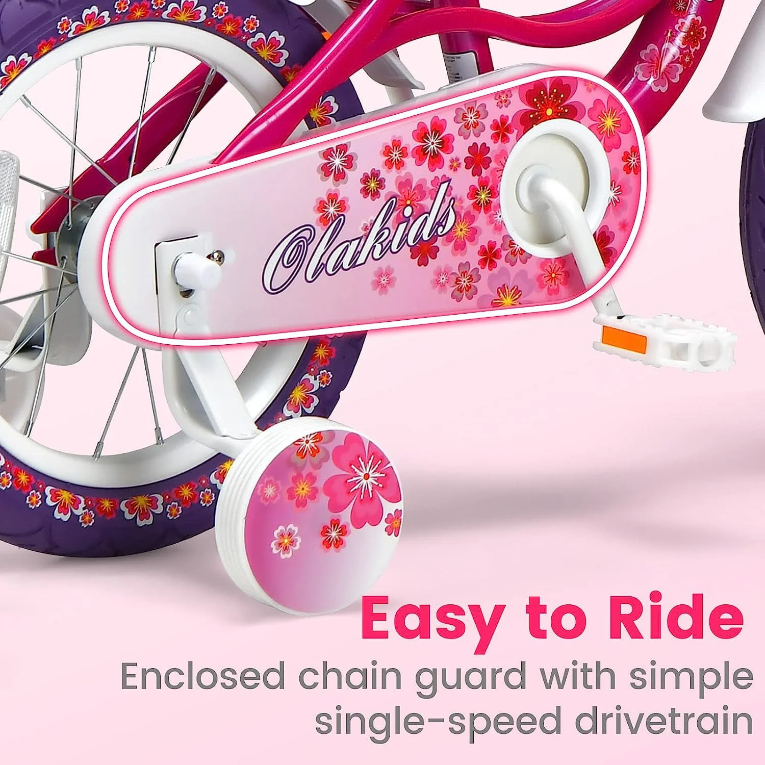 OLAKIDS Kids Bike for Girls, 14 16 Inch Children's Bicycle with Removable Training Wheels and Doll Seat, Adjustable Seat and Handlebar, Girls Bike for Toddlers Age 4-8 Years Old Pink Flower