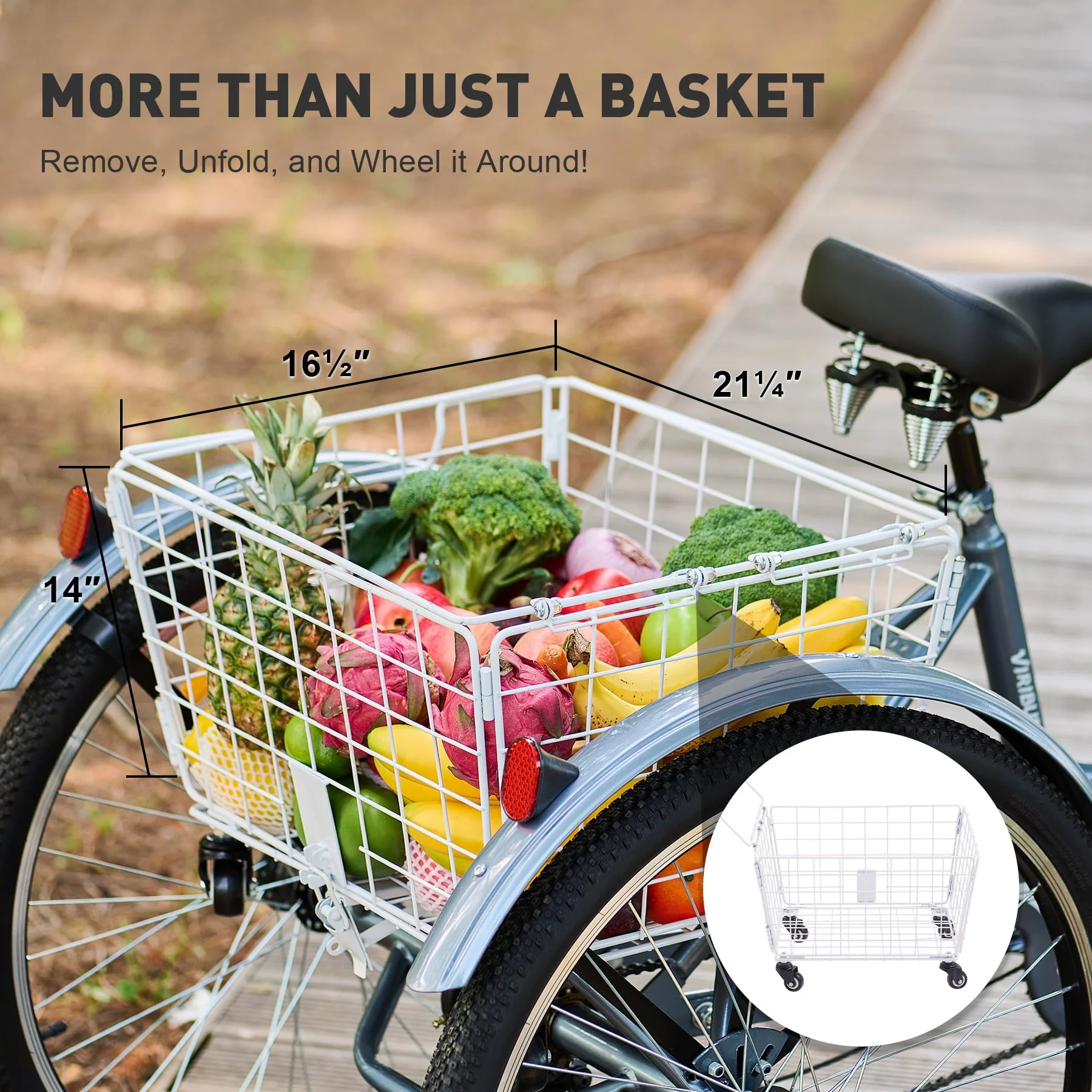 VIRIBUS 24 Inch Adult Trike 7 Speed Bike w Adjustable Seat 2 Baskets Matte Gray