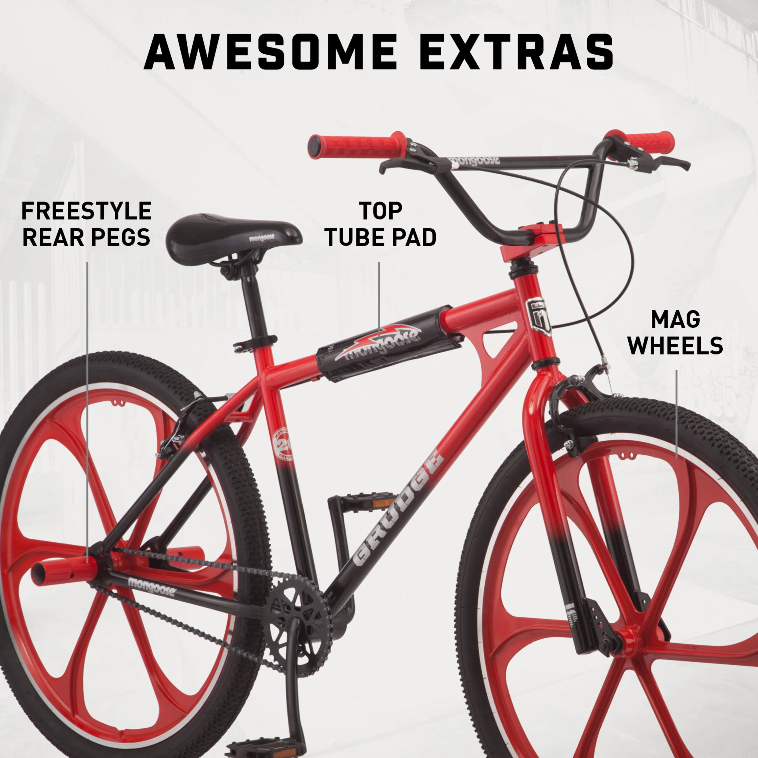 26 In. Grudge Mag BMX Freestyle Bike, Single Speed, Red / Black