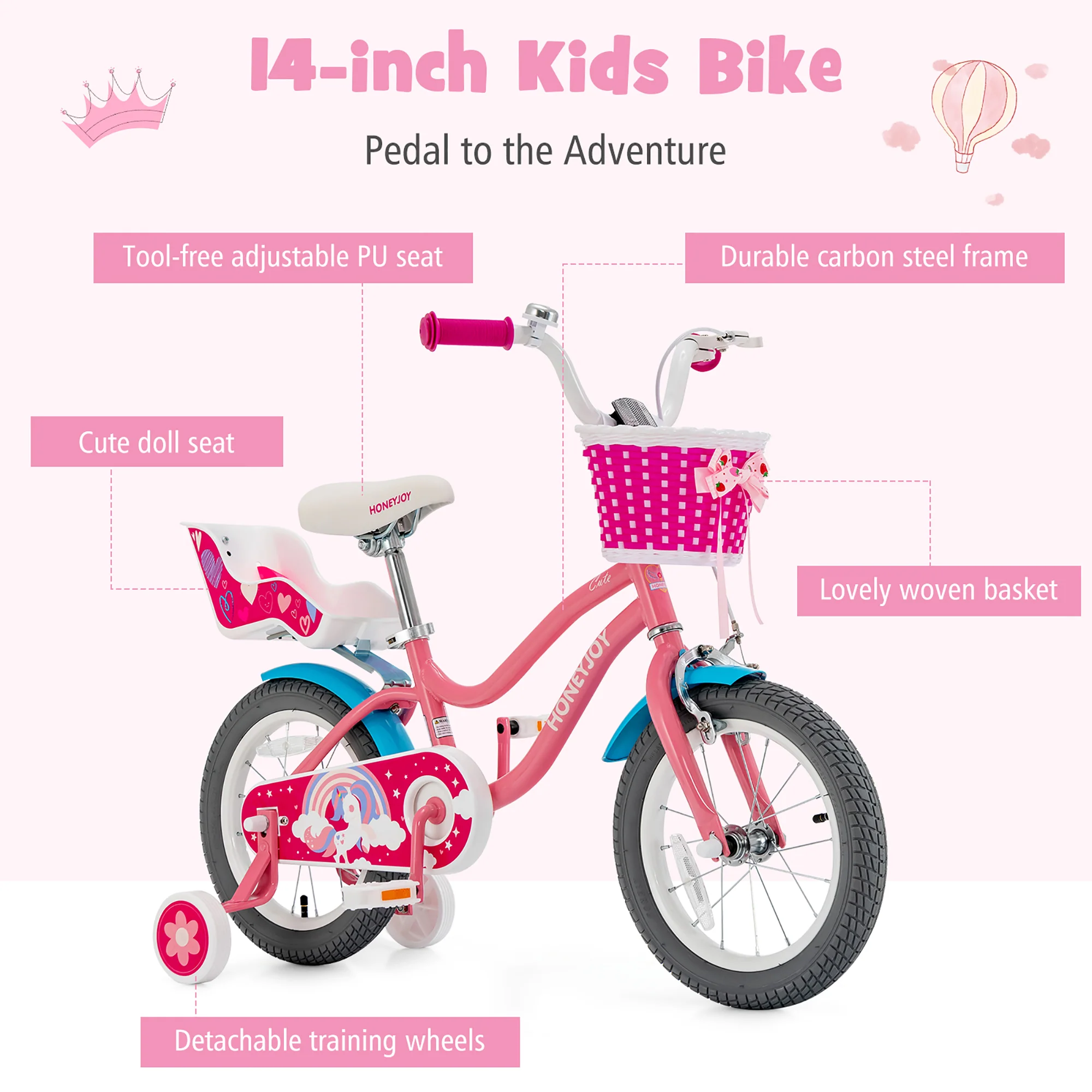 Costway Honeyjoy 14 Inches Kids Bicycle w/Training Wheels &a; Basket for Boys &a; Girls Age 3-5 Years