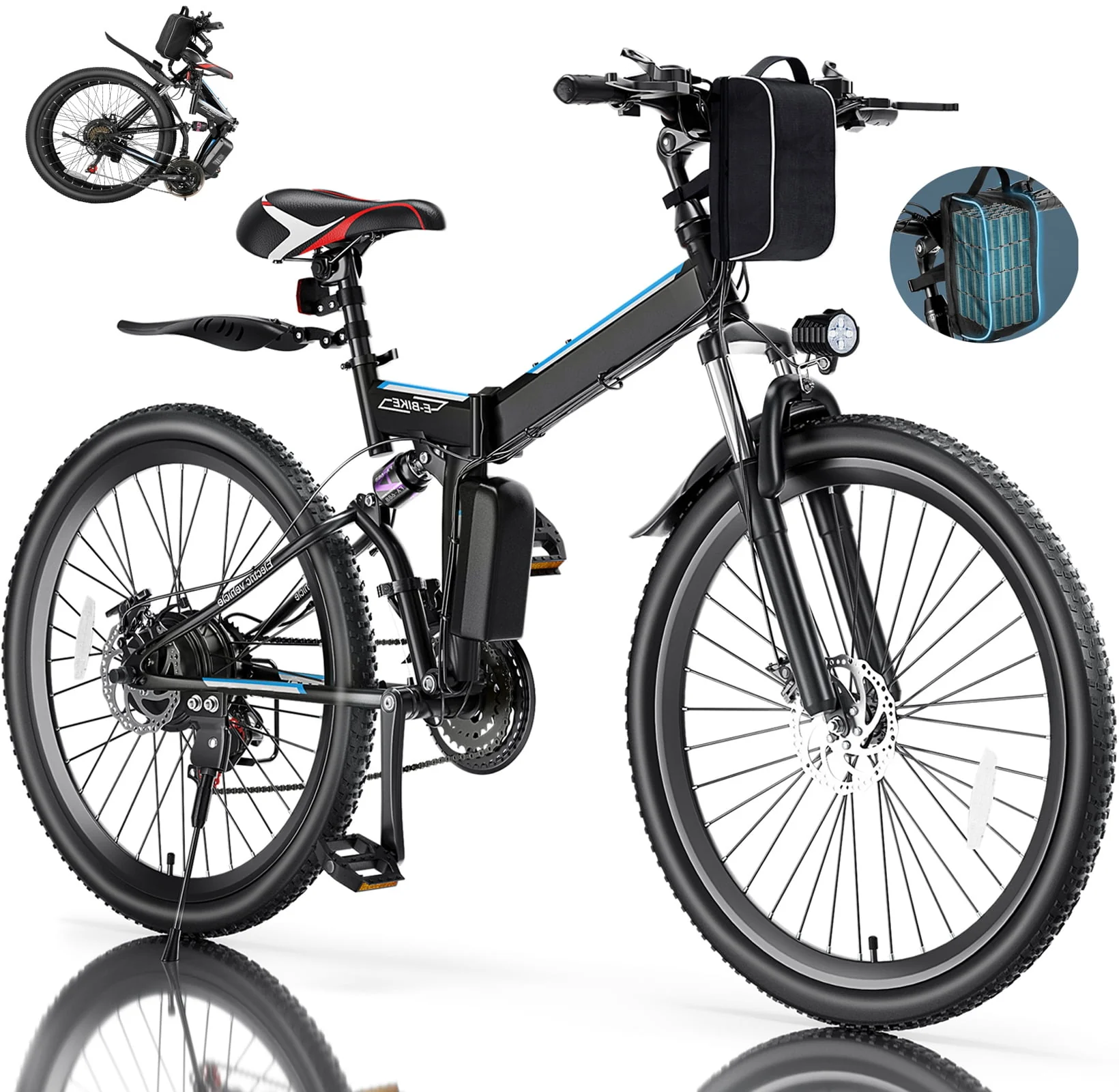 Elifine 26 In. Folding Electric Bike for Adults, 500W Electric Mountain Bike, 21 Speed, Full Suspension, 48V Foldable Ebike with Removable 7.8Ah Lithium-Ion Battery Electric Commuter Bicycle