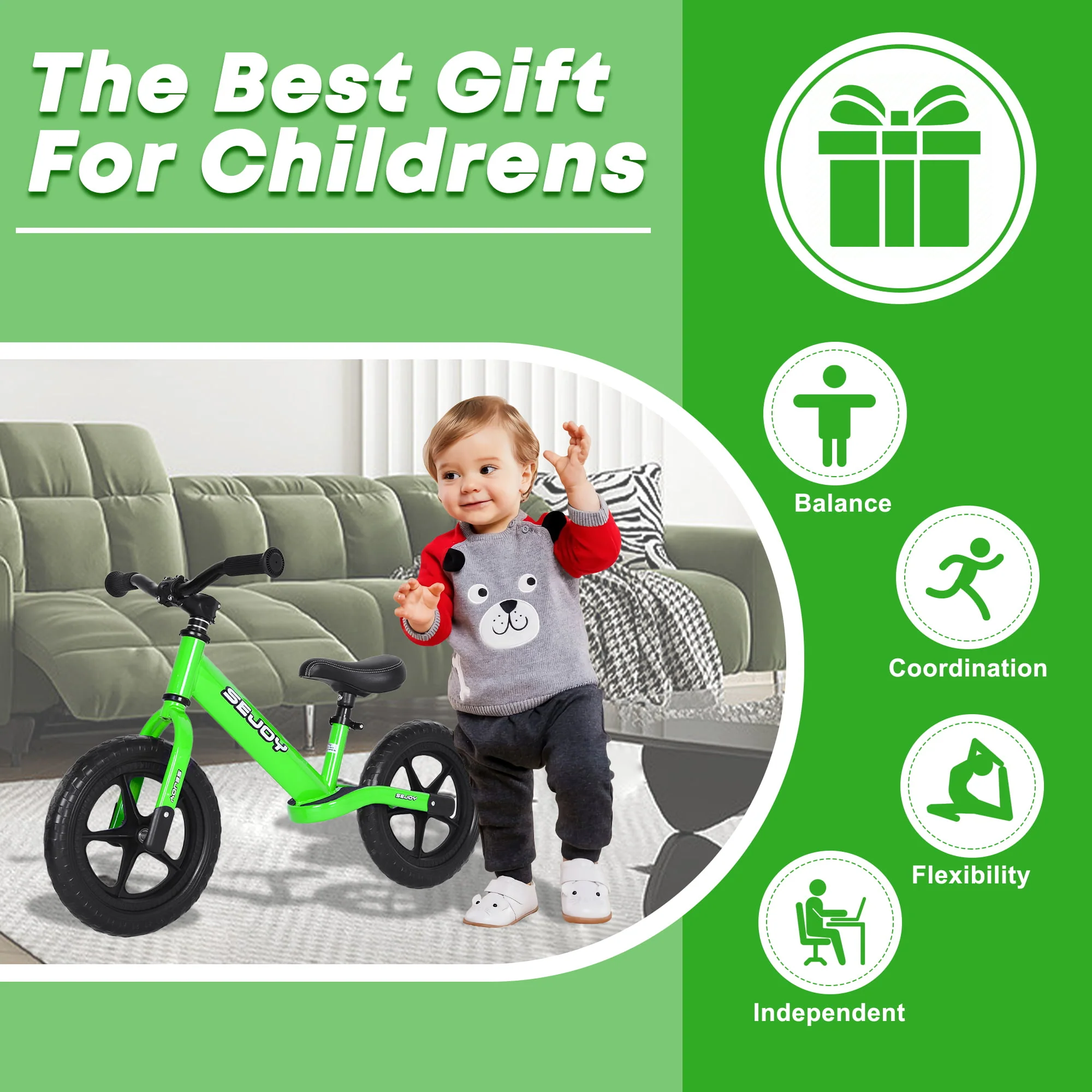 Sejoy Toddler Balance Bike, Lightweight for Kids, Gift Bicycle for 3-6 Boys Girls,12” No-Pedal Training Bike for Kids, Green