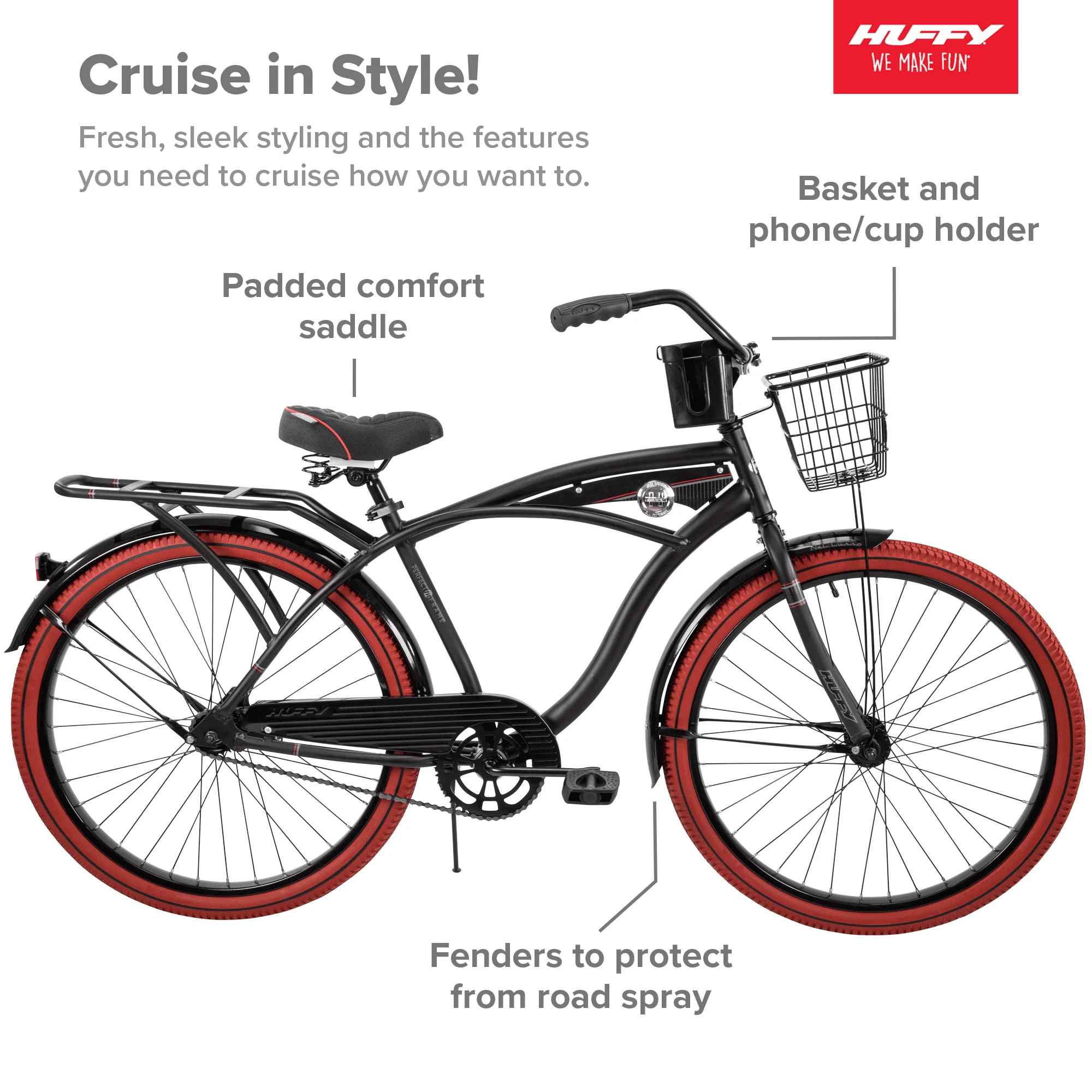 Huffy 26” Nel Lusso Men's Cruiser Bike, Matte Black