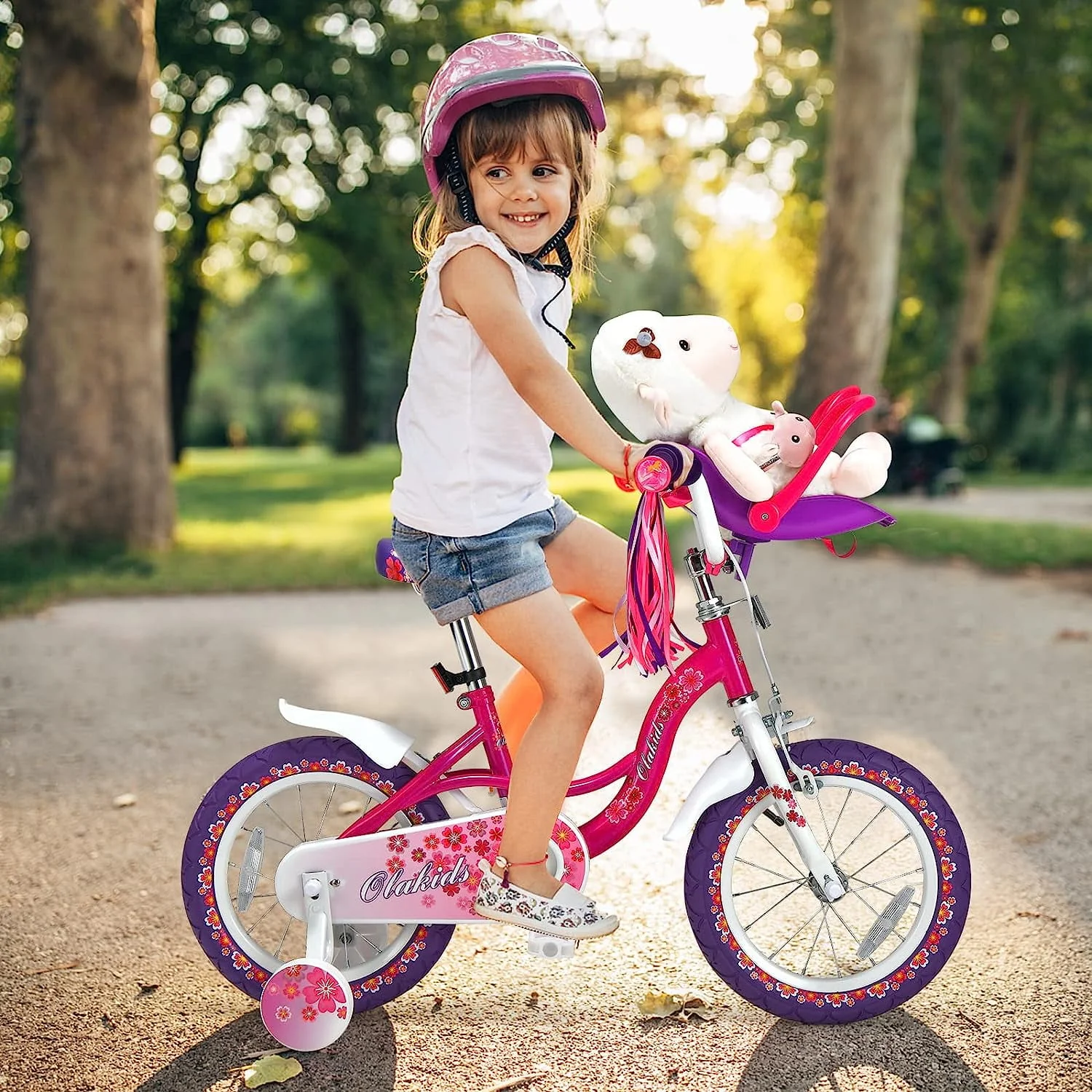OLAKIDS Kids Bike for Girls, 14 16 Inch Children's Bicycle with Removable Training Wheels and Doll Seat, Adjustable Seat and Handlebar, Girls Bike for Toddlers Age 4-8 Years Old Pink Flower