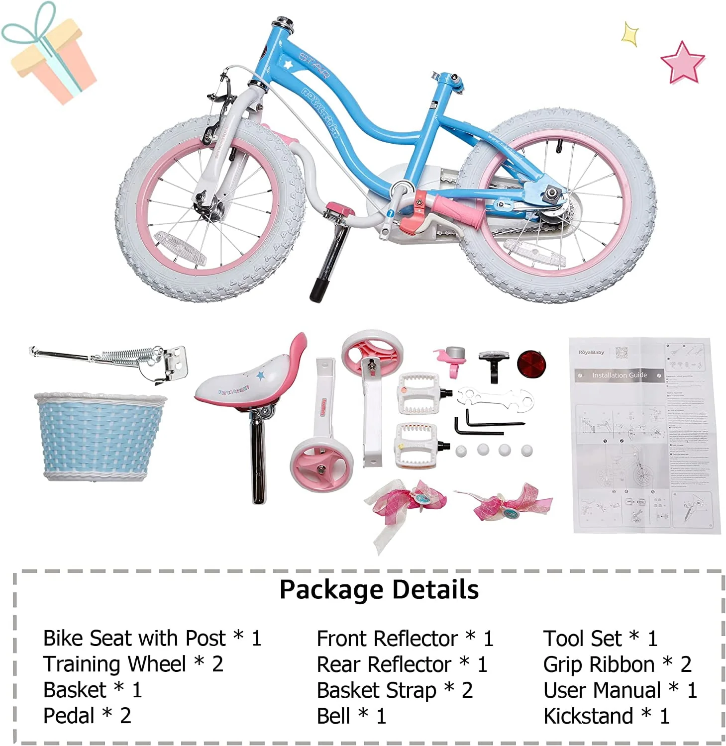 Royalbaby Girls Kids Bike Star girl 16 In. Bicycle Basket Training Wheels Kickstand Blue Child's Cycle