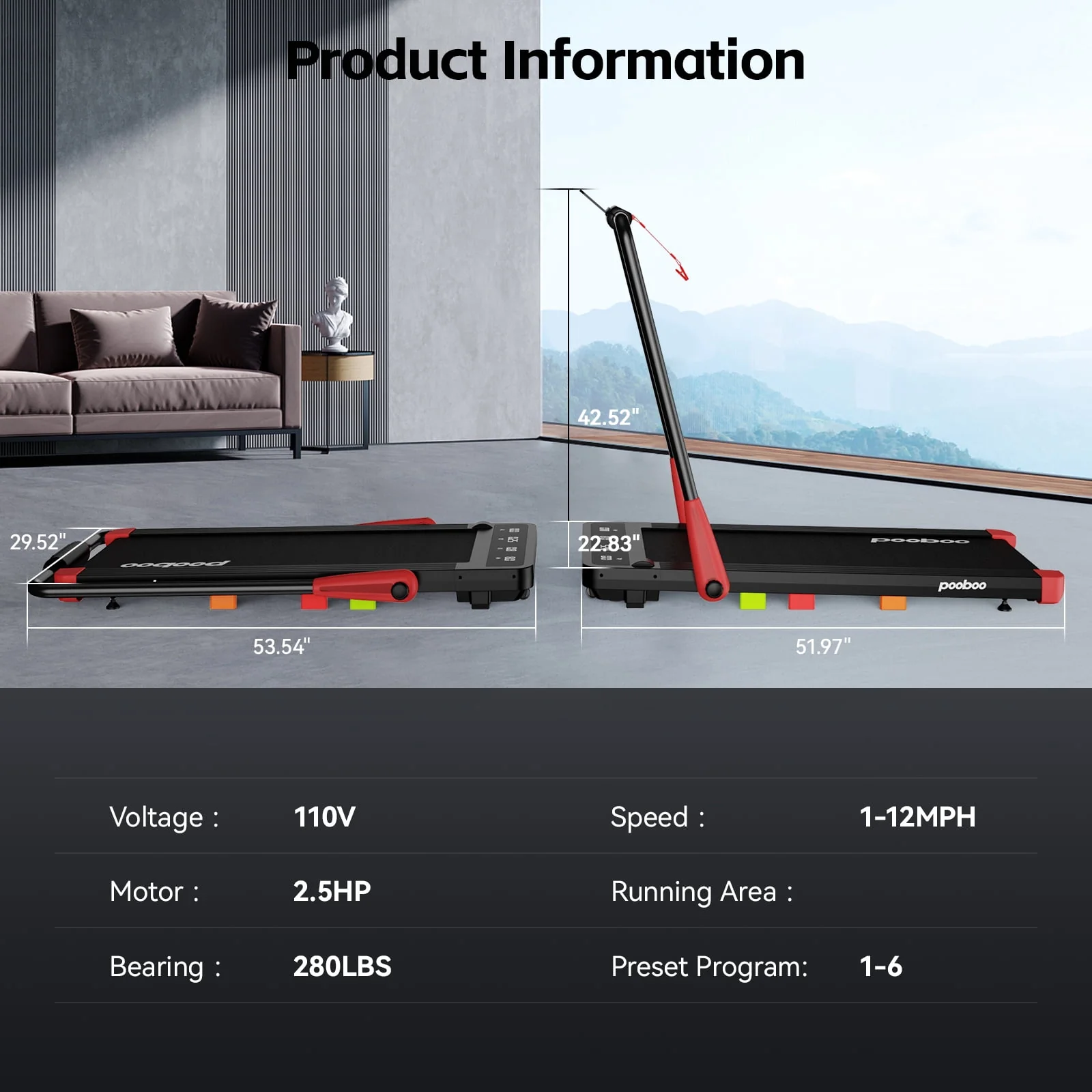 Pooboo 2 in 1 Folding Under Desk Treadmill Red Brush-less Walking Jogging Machine with App & Remote Control Led Touch Screen Walking Pad for Office Home Use 265lbs