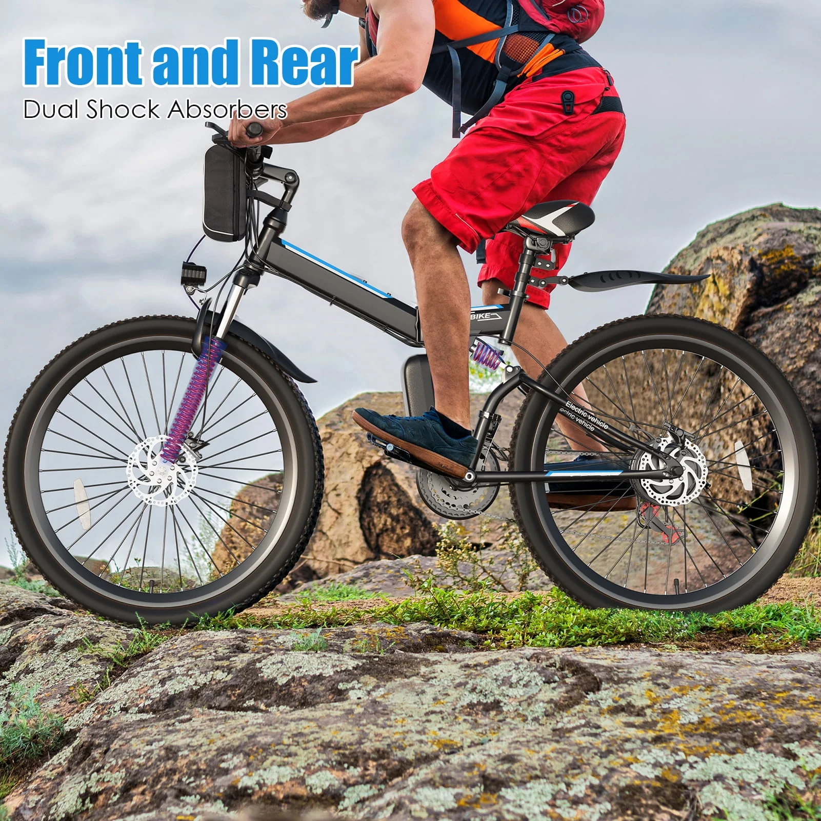 Elifine 26 In. Folding Electric Bike for Adults, 500W Electric Mountain Bike, 21 Speed, Full Suspension, 48V Foldable Ebike with Removable 7.8Ah Lithium-Ion Battery Electric Commuter Bicycle