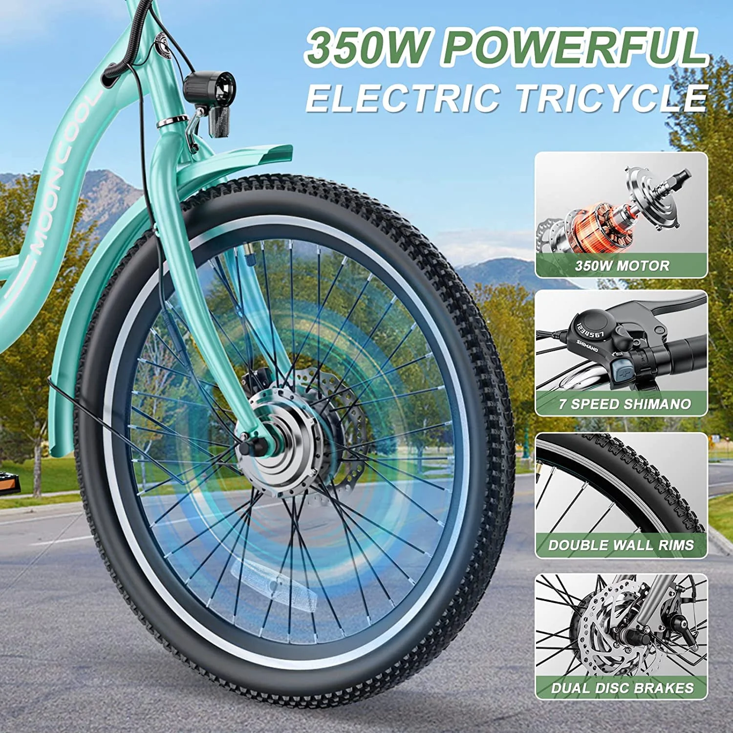 MOONCOOL 350W Motorized Electric Trike, 7 Speed 3 Wheel Electric Bicycle with 36V 10Ah Lithium Battery UL Certified, 24