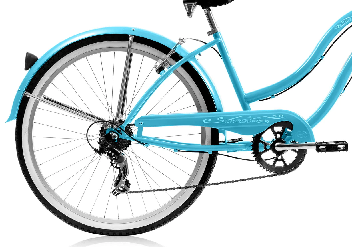 Wonder Wheels 26 In. Beach Cruiser Shimano Tx-35 7 Speed Bicycle, Bike, V-Brake Stainless Steel Spokes One Piece Crank Alloy Rims 36 H With Fender - Baby Blue