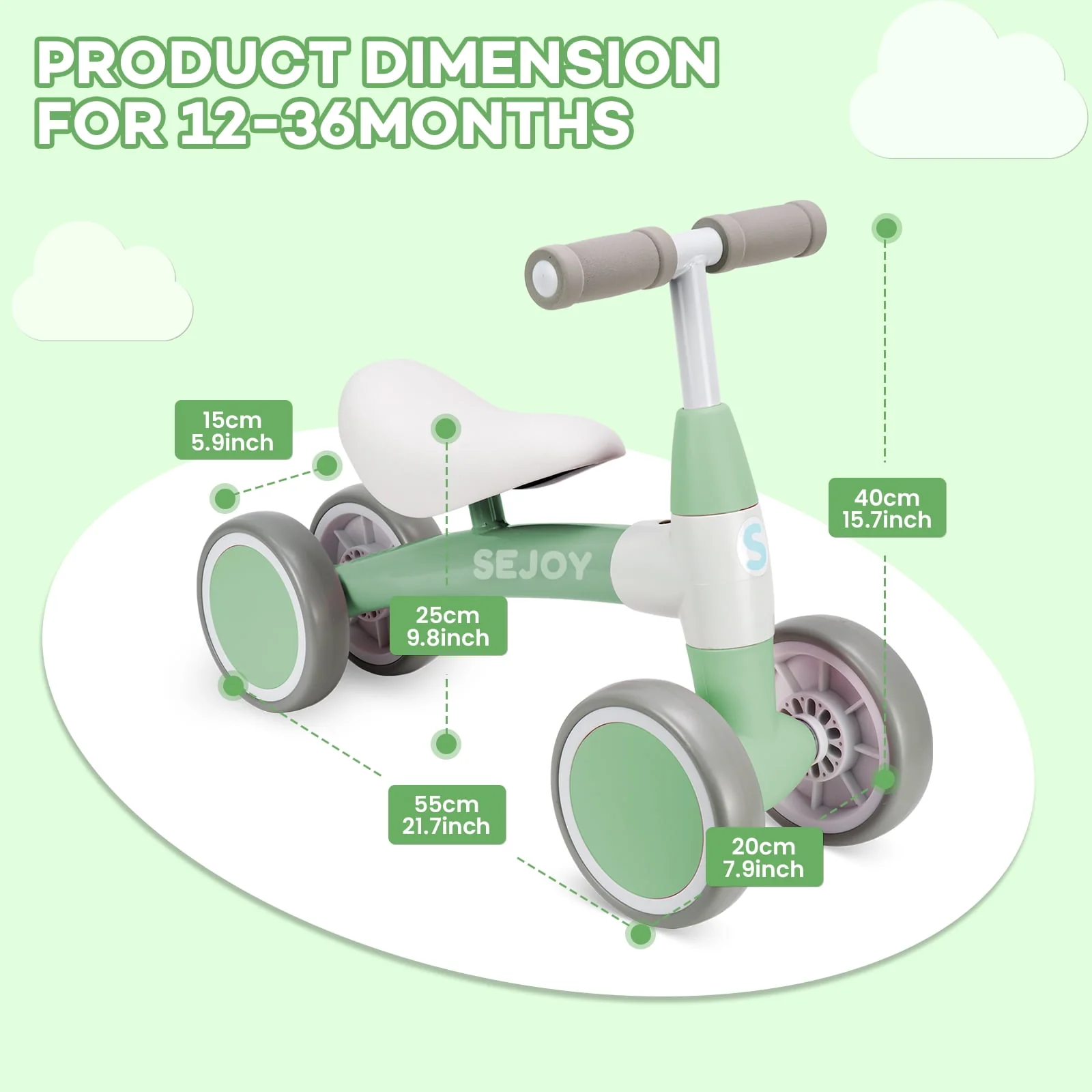 Sejoy Baby Balance Bike Children Walker for 1-3 Years Old Boys Girls 12-36 Months Kids Toddler First Bike 4 Wheels Riding Toys,First Birthday Gifts